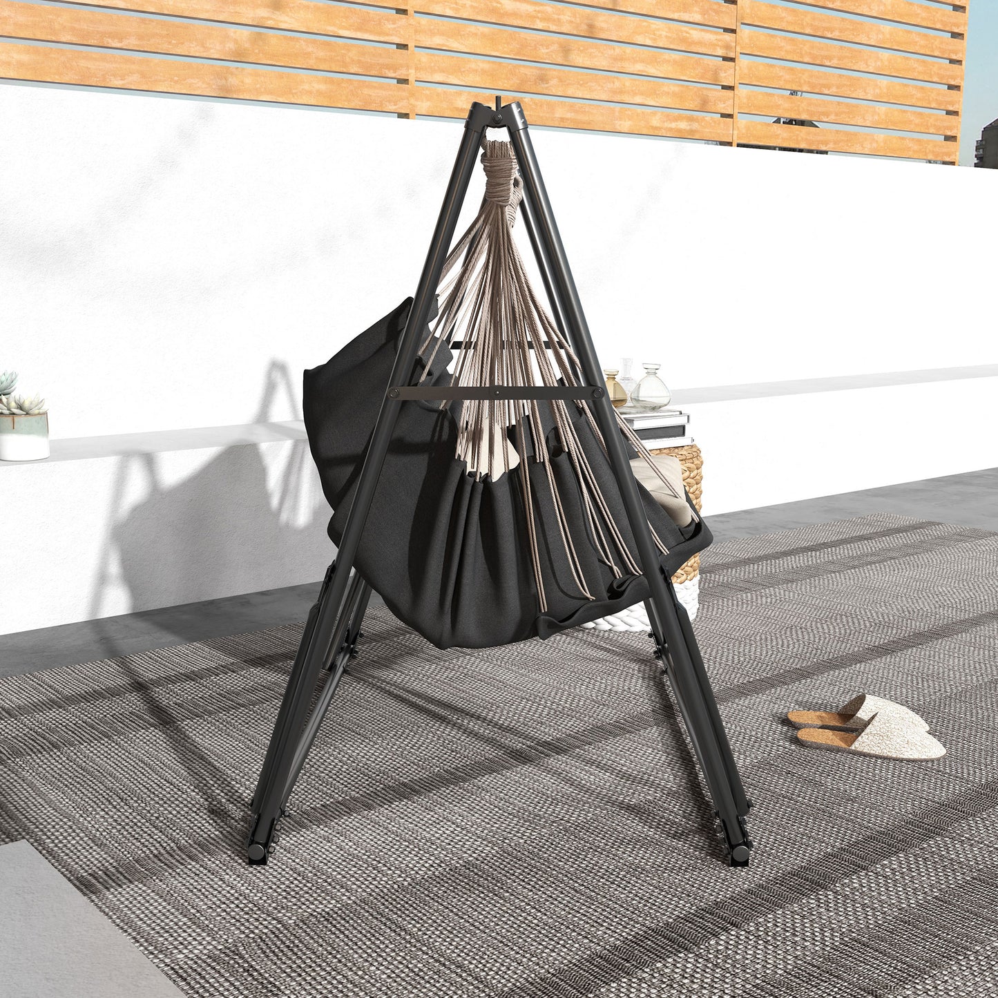 Outsunny Foldable Hammock Stand Portable With Metal Frame, 2 in 1 Net Support, Chair Stand With Carry Bag, Load Capacity 120kg - Black
