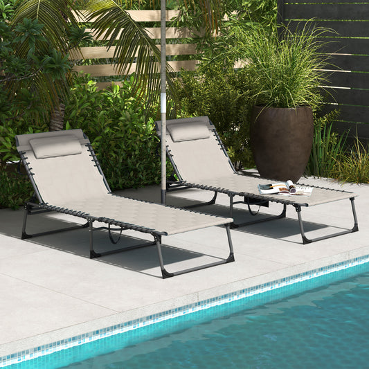 Foldable Sun Lounger Set With 5 Level Reclining Back, Outdoor Tanning Chairs With Build-in Padded Seat, Loungers With Side Pocket, Headrest - Khaki
