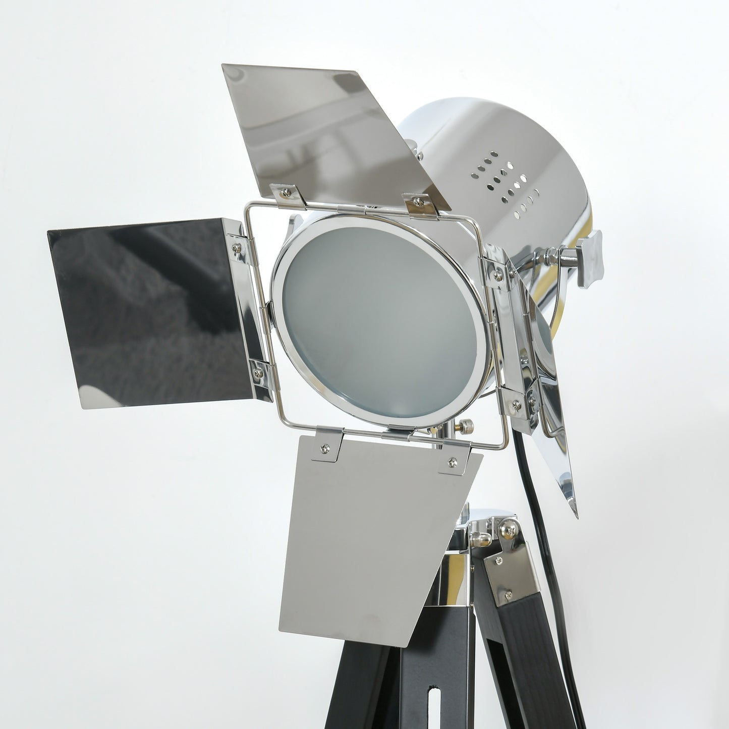 Industrial Tripod Floor Lamp, Nautical Cinema Standing Spotlight with Wood Legs and Adjustable Height for Living, Bedroom, Black and Silver