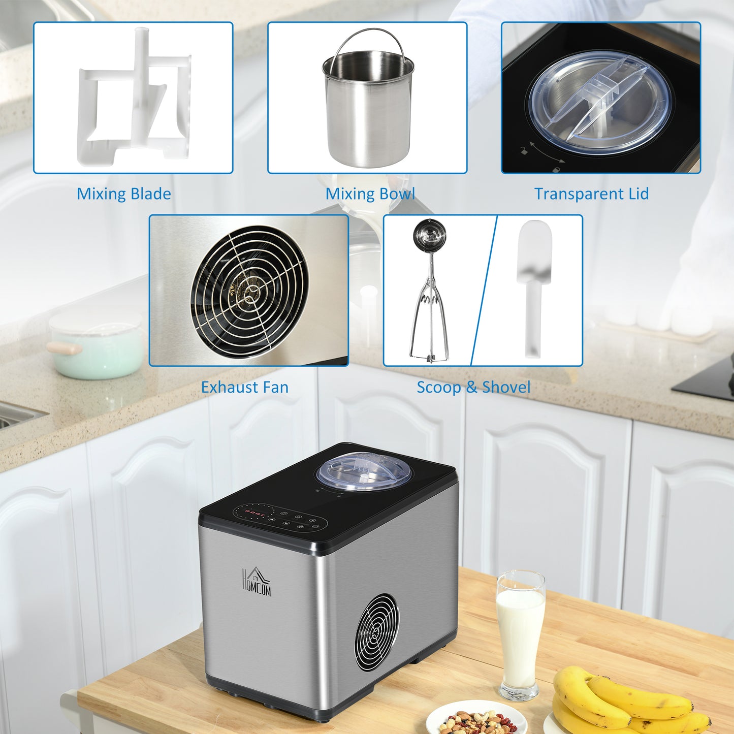 Ice Cream Maker Machine, 1.5L Stainless Steel Gelato, Sorbet, Milkshake, Frozen Yoghurt Maker with Detachable Mixing Paddle LED Display