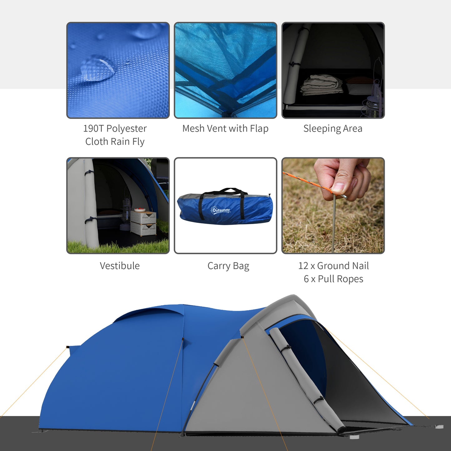 Outsunny Dome Tent for 2 Person Camping Tent with Large Windows, Waterproof Blue and Grey