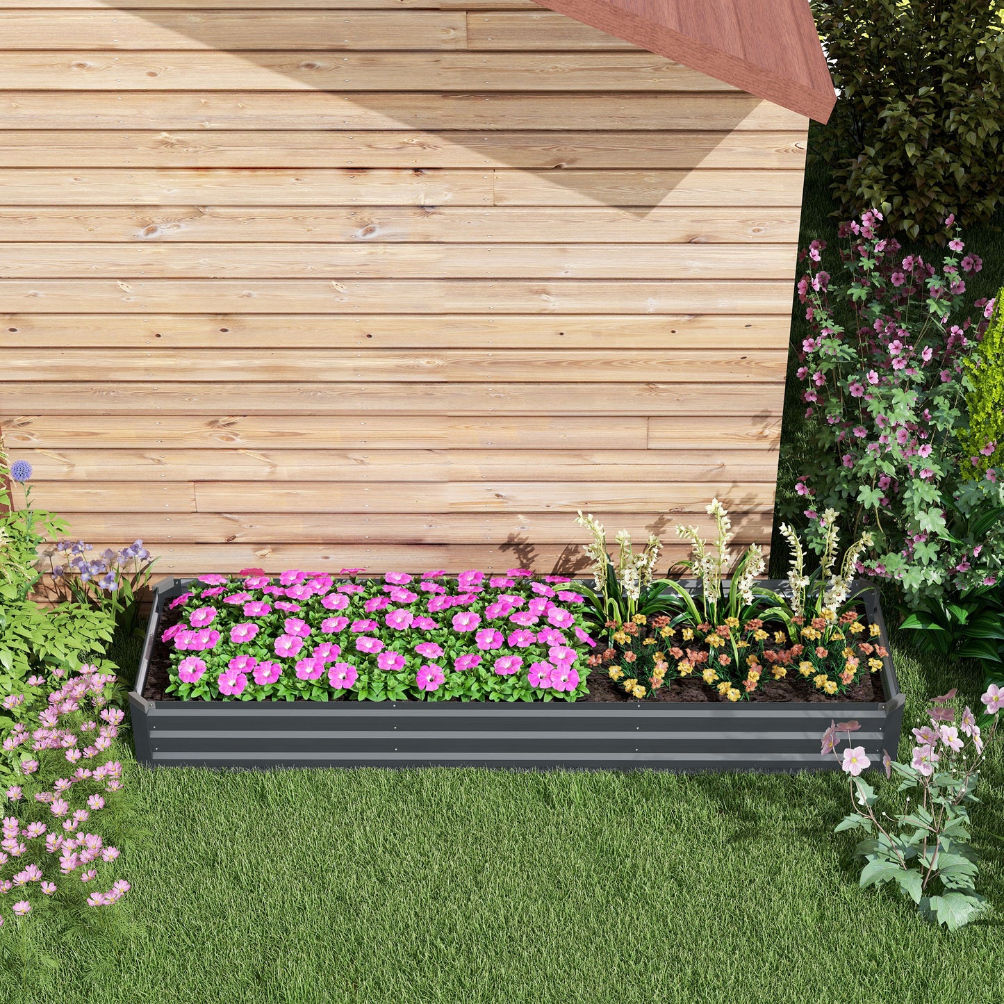 Large Galvanised Steel Raised Garden Bed | Powder-Coated | Open Bottom | Interior Support Brackets | 4 Protective Corners | Flat Safe Top | 240x60x30cm | Flowers Herbs & Veg | Dark Grey