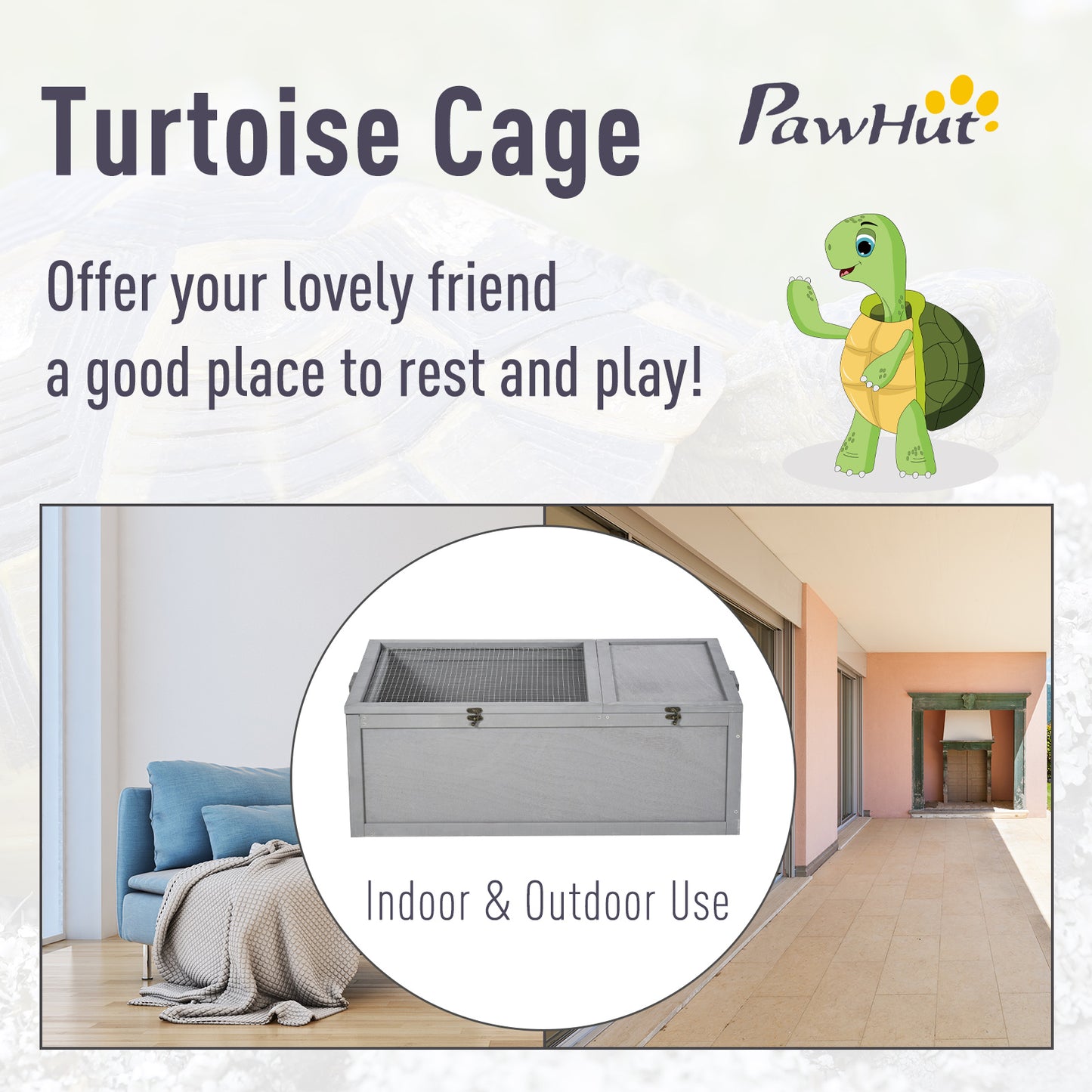 PawHut 94 cm Wooden Tortoise House Turtle Habitat Small Reptile Cage Enclosure with Two Room Grey