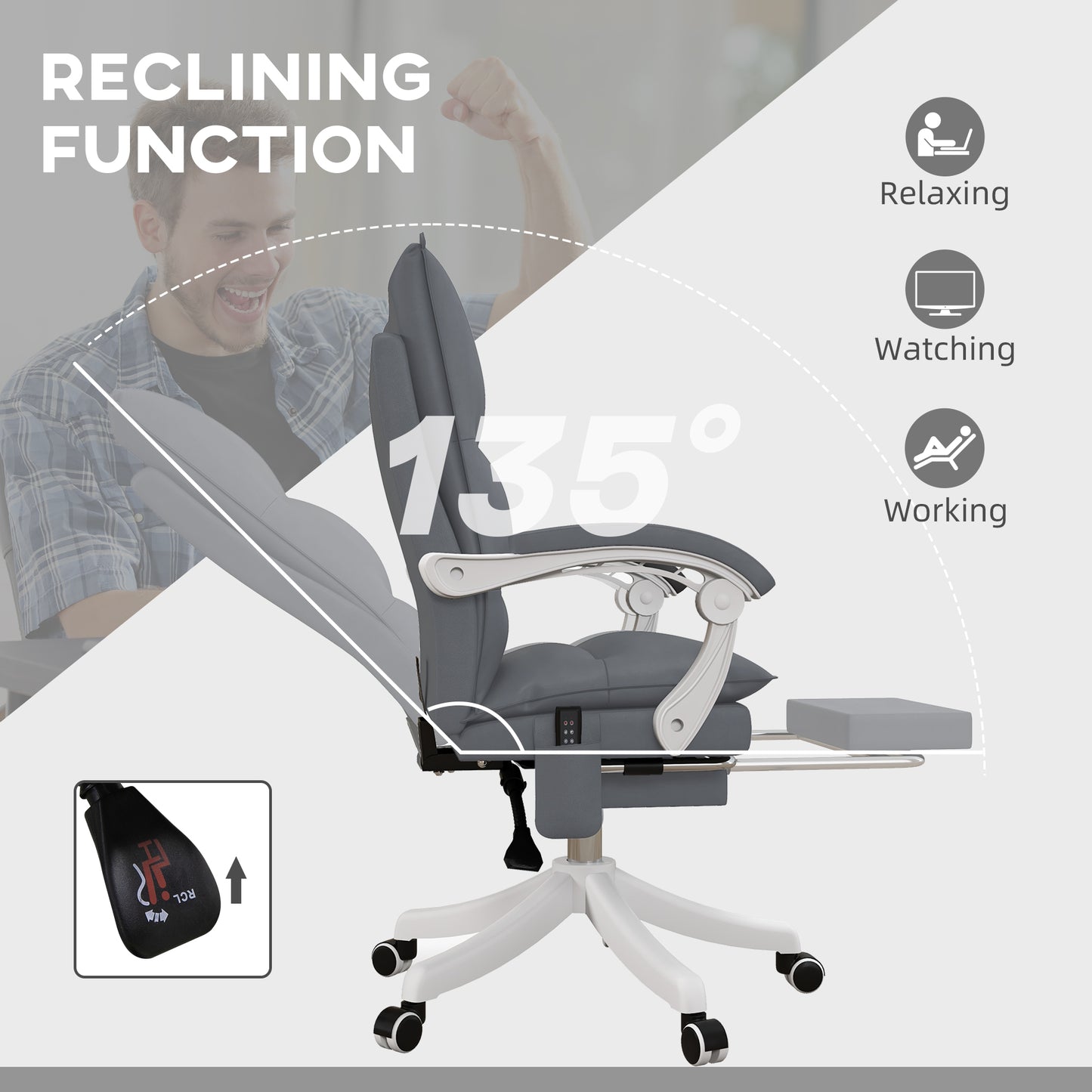 Vinsetto Vibration Massage Office Chair w/ Heat, Faux Leather Computer Chair w/ Footrest, Armrest, Reclining Back, Double-tier Padding, Grey