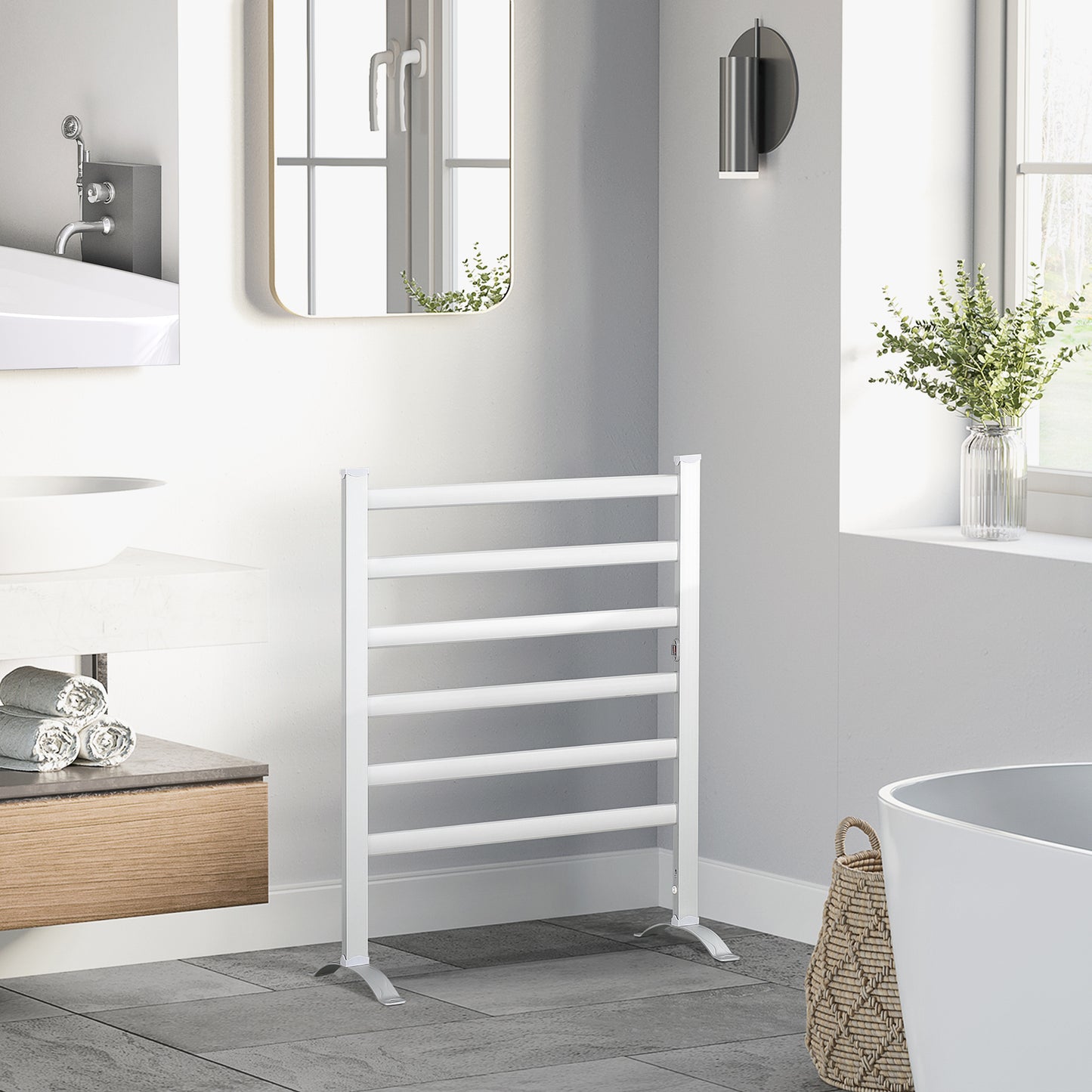 Electric Towel Warmer, 6 Bar Aluminium Heated Towel Rail, Wall Mounted & Free Standing Towel Drying Rack for Bathroom, Plug-in, Silver