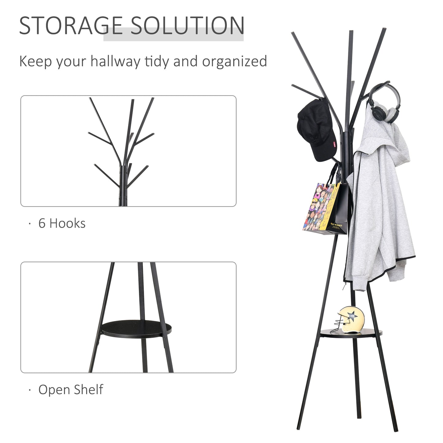 Free Standing Metal Coat Rack Stand 9 Hooks Clothes Tree with 1 Shelf Hat Display Hall Tree Hanger Bag Umbrella Hanging Organiser (Black) 180cm