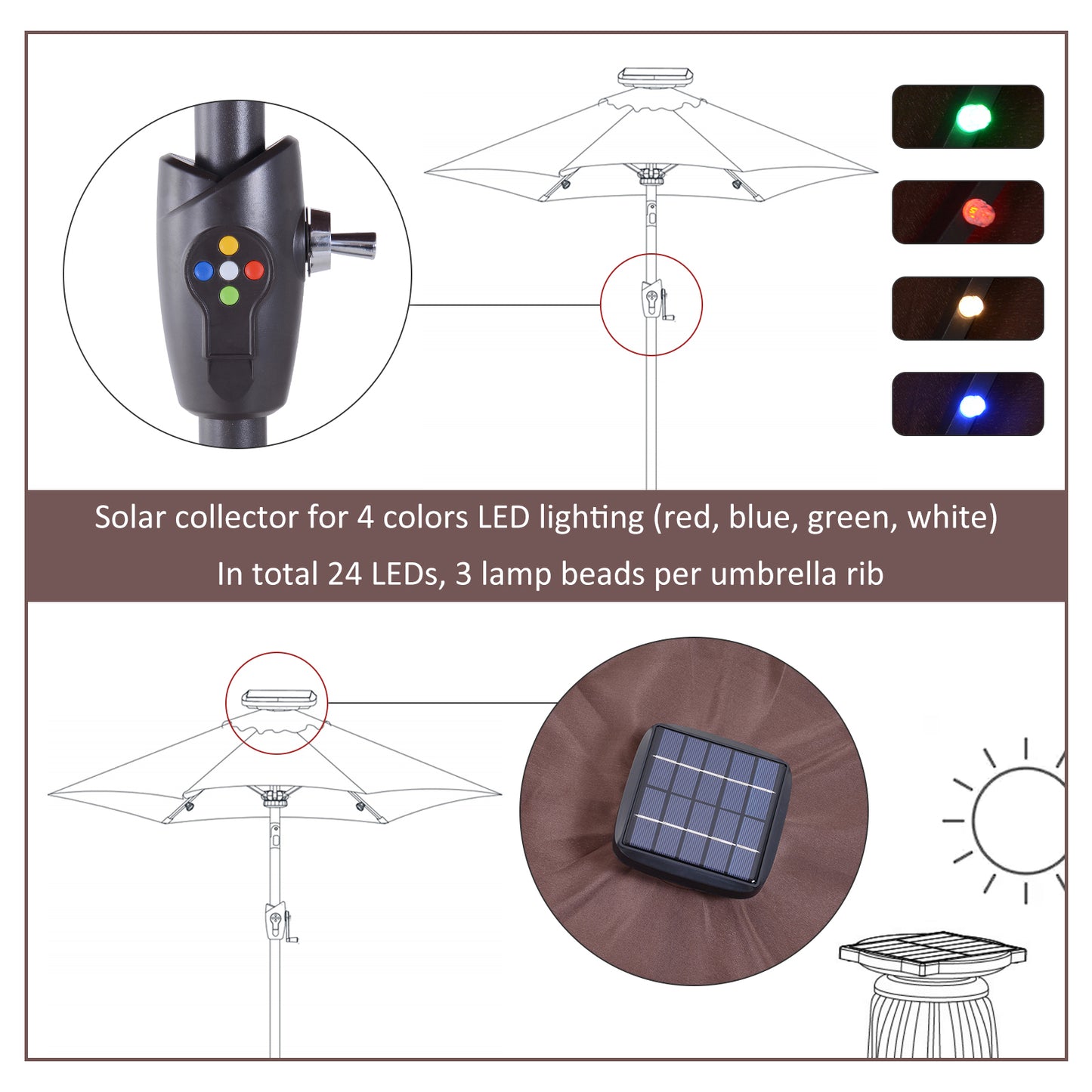 Outsunny Umbrella Parasol 24 Solar LED-Brown/Coffee