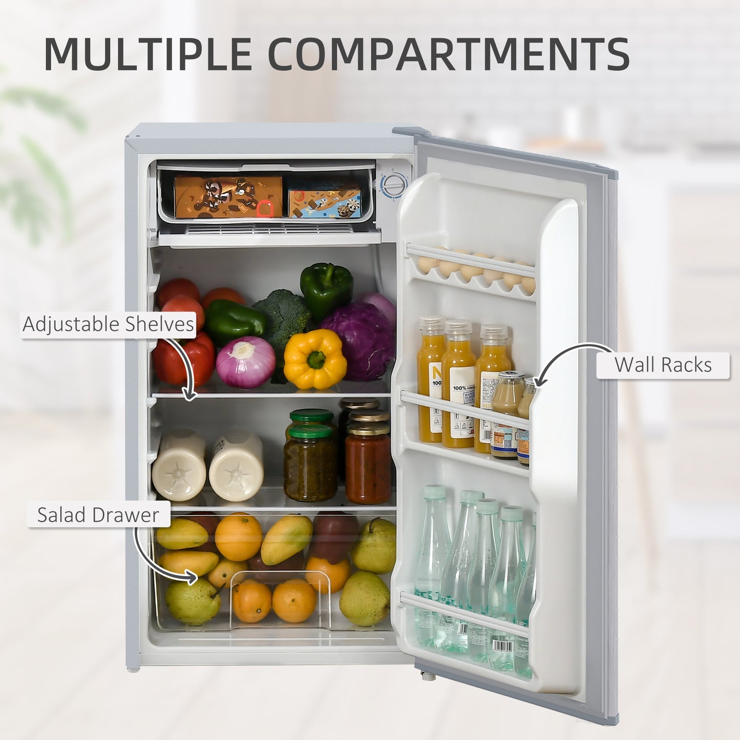 91 Litre Freestanding Under Counter Fridge Freezer With Chiller Box, Reversible Door, Adjustable Thermostat, 47.5cm W - Grey