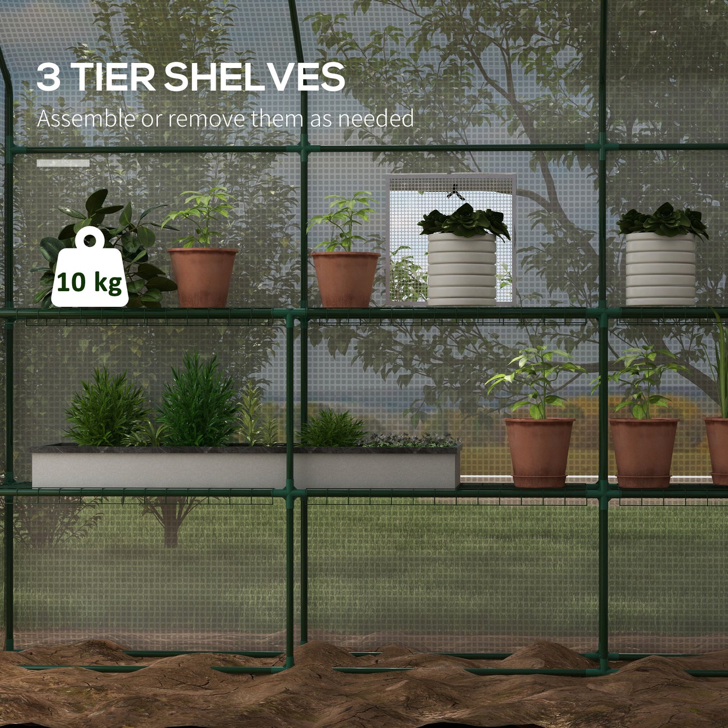 Outsunny Walk-in Greenhouse w/ 3 Tier Shelves, Green House Garden Grow House w/ PE Cover, Roll-up Door, Mesh Windows, 140 x 213 x 190cm, White