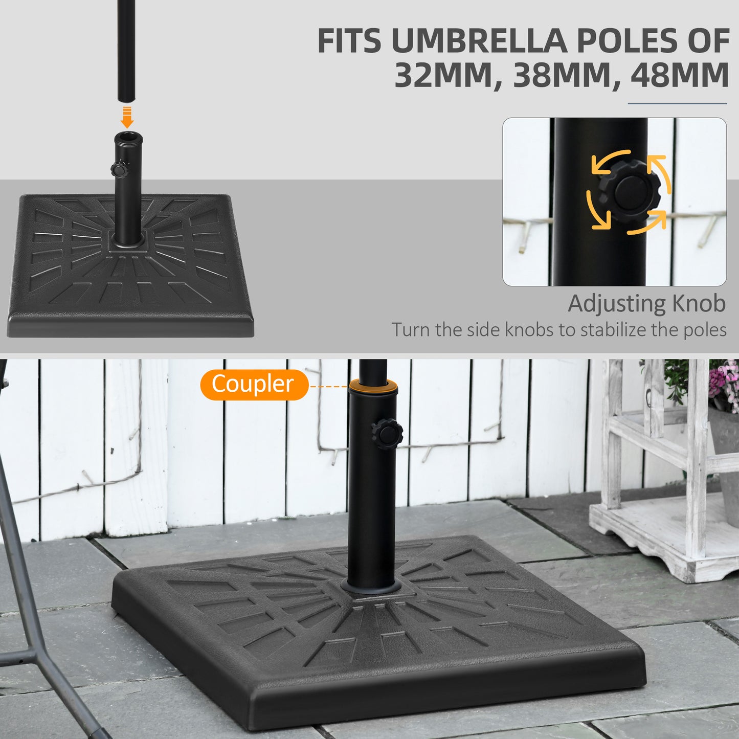 Outsunny 19kg Resin Garden Parasol Base Holder, Square Outdoor Market Umbrella Stand Weight for Poles of Φ32mm, Φ38mm, and Φ48mm, Black