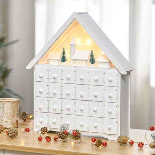 Christmas Advent Calendar, Light Up Table Wooden House Holiday Decoration With Countdown Drawer, Village, For kids Adults, White