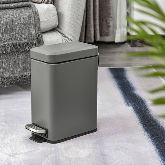5L Rectangular Compact Bin, Steel Body, Removable Bucket, Quiet-Close Lid w/ Pedal Lid Rubbish Trash Can Garbage Tidy Clean, Grey
