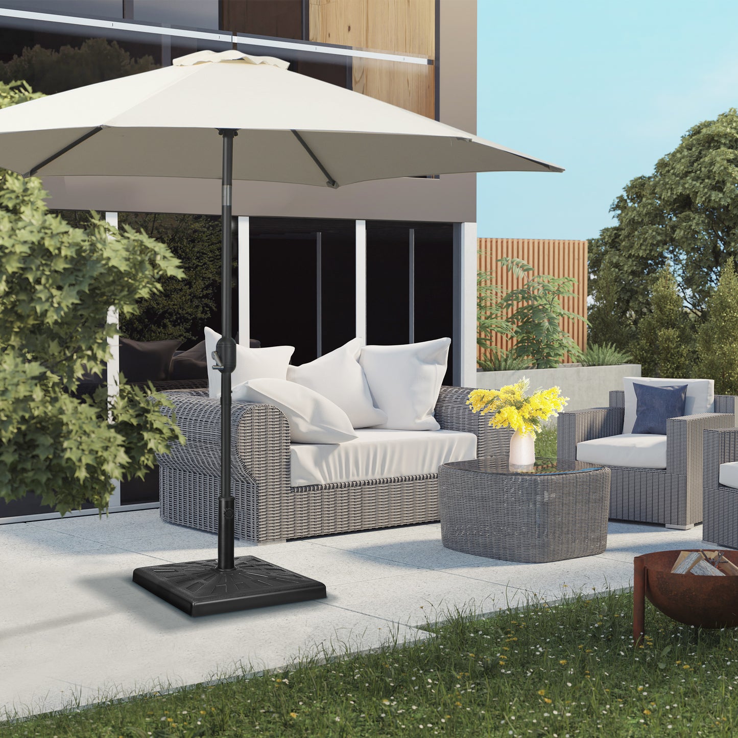Outsunny 19kg Resin Garden Parasol Base Holder, Square Outdoor Market Umbrella Stand Weight for Poles of Φ32mm, Φ38mm, and Φ48mm, Black