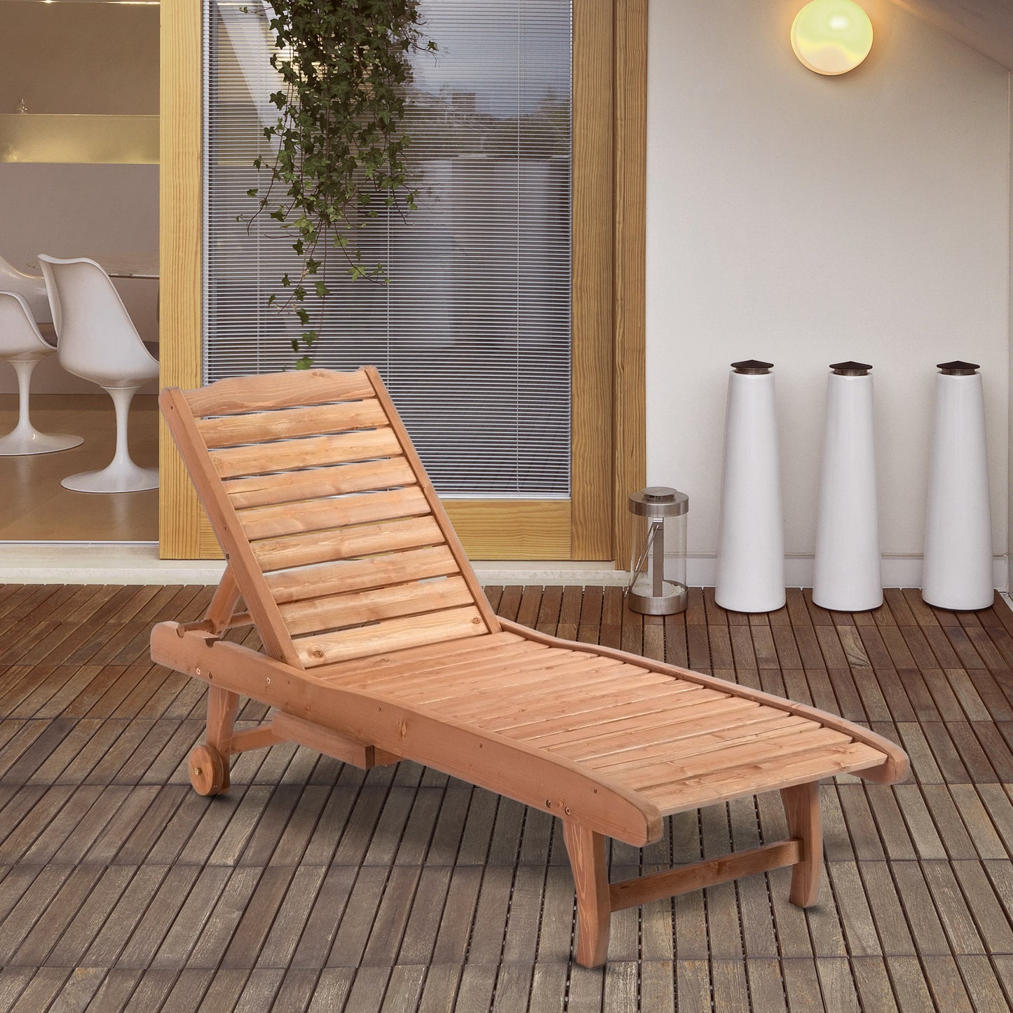 Outsunny Outdoor Wooden Lounger Chair, Sun Bed with Built-In Table, Adjustable Backrest and Wheels, Red Brown