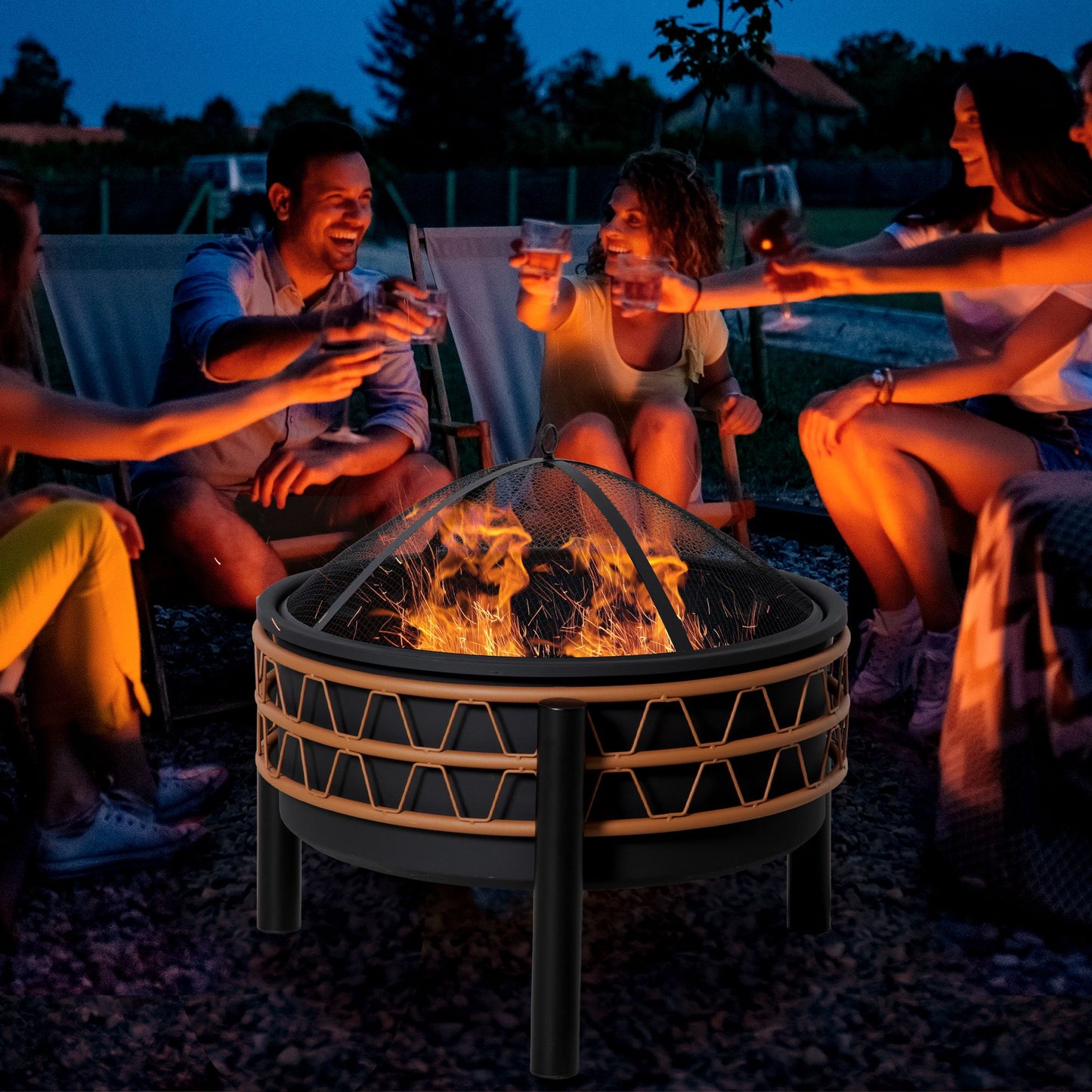 Outsunny Outdoor Fire Pit, Metal Round Firepit Bowl, Charcoal Log Wood Burner with Screen Cover, Poker for Patio, BBQ, Camping, 64 x 64 x 58cm, Black