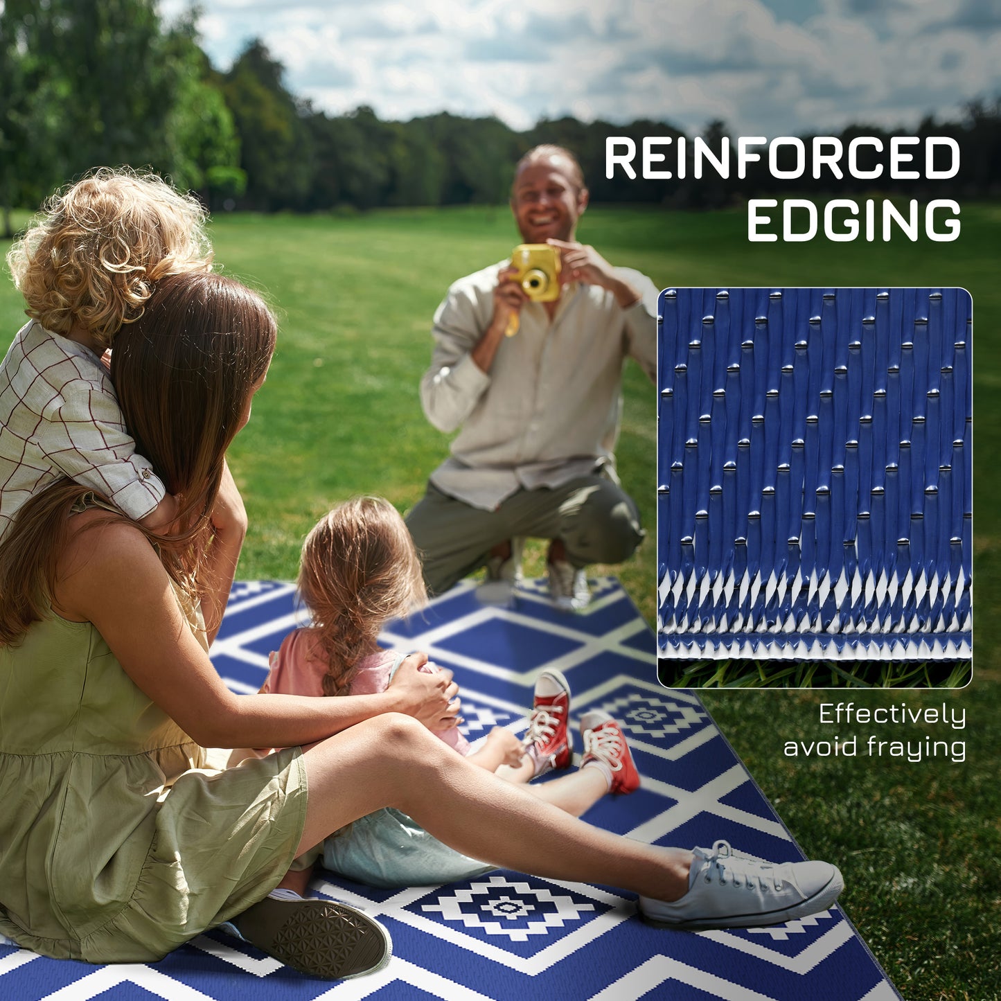 Outsunny Plastic Straw Reversible RV Outdoor Rug with Carry Bag, 182 x 274cm, Blue and White
