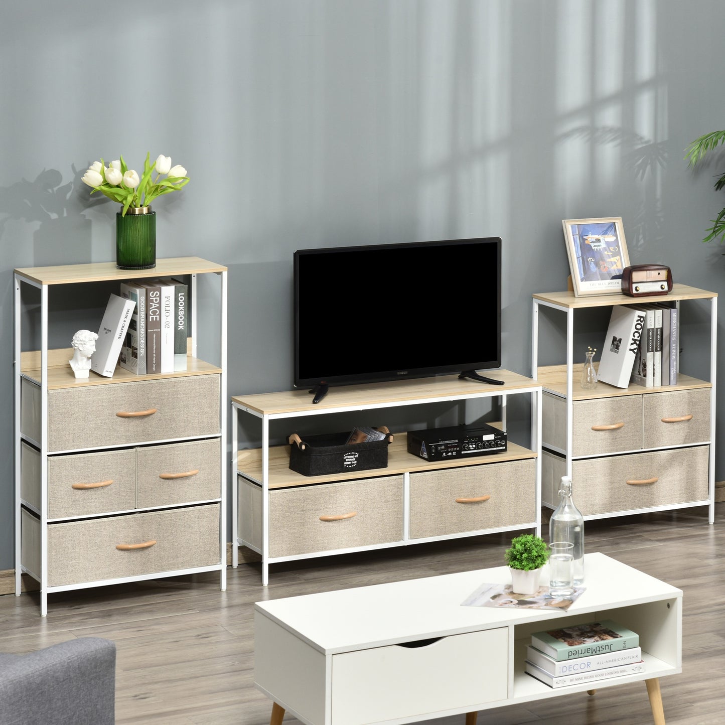 TV Cabinet Console Unit with 2 Foldable Linen Drawers, TV Stand with Shelving for Living Room, Entertainment Room, Maple Wood Effect