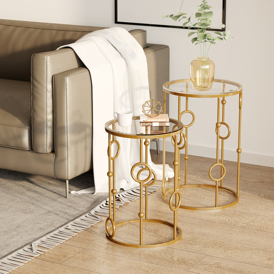 Modern Round Coffee Tables Set of 2, Gold Nest of Tables with Tempered Glass Top, Steel Frame for Living Room, Gold