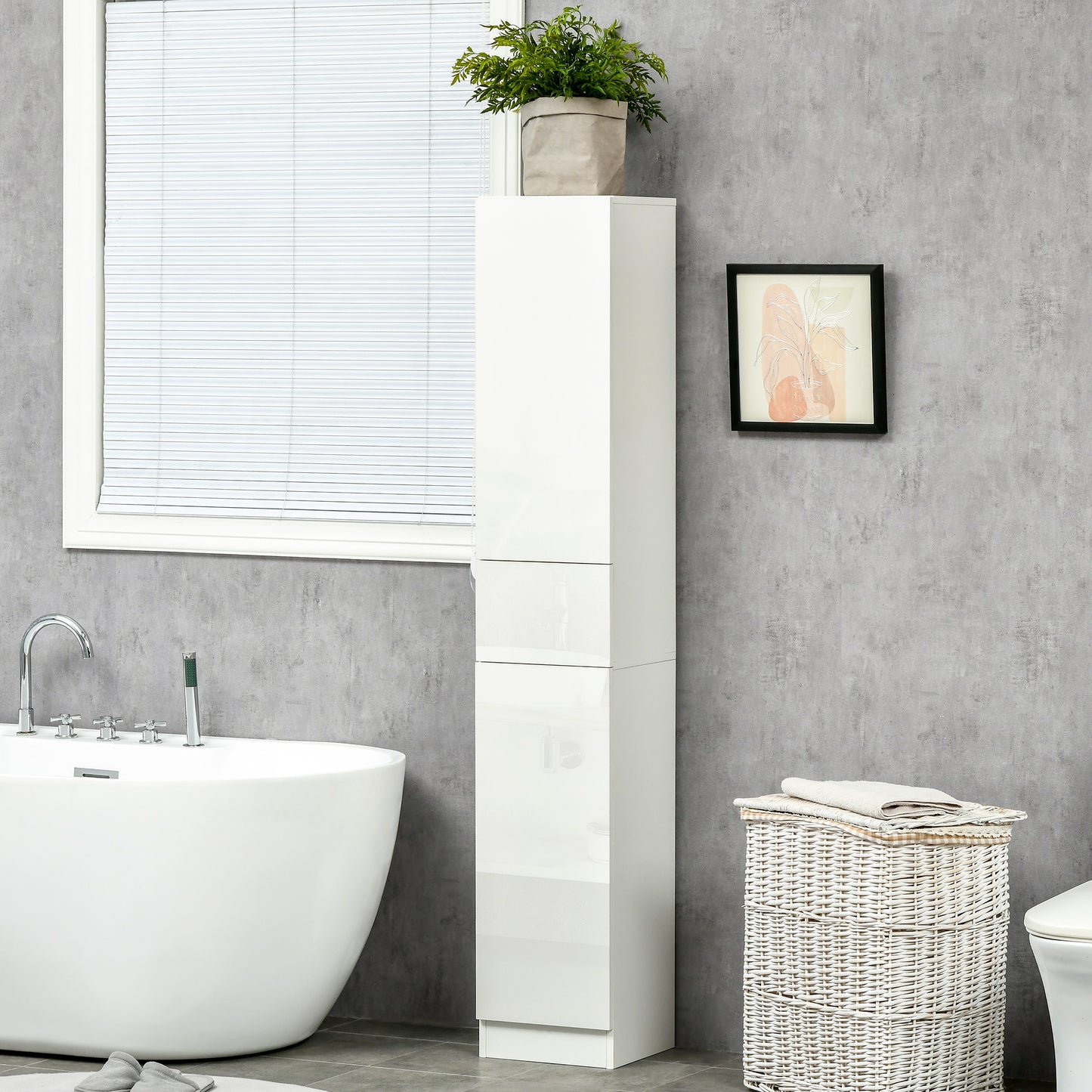 Kleankin Tall Bathroom Cabinet with Adjustable Shelves, High Gloss Storage Cupboard, Freestanding Tallboy with Storage Drawer, White