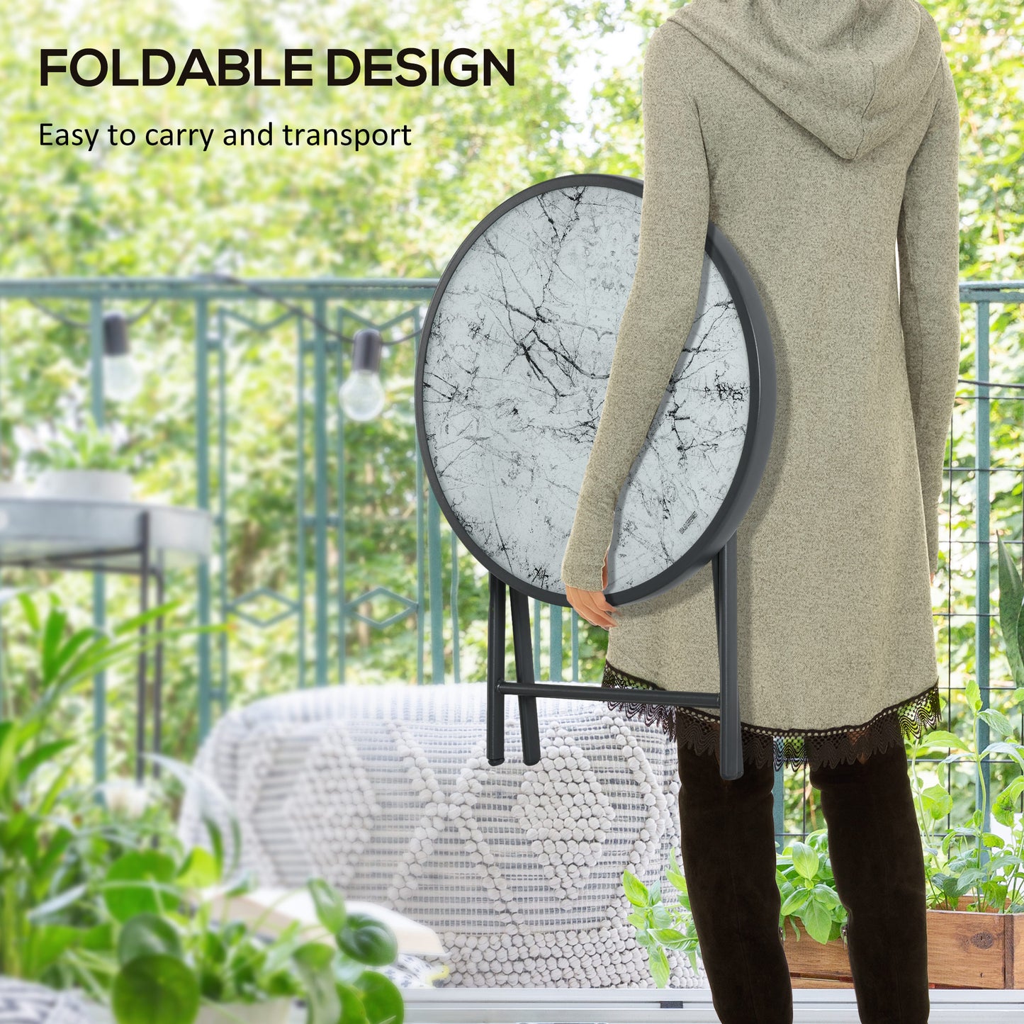 Outsunny Φ45cm Outdoor Side Table, Round Folding Patio Table with Imitation Marble Glass Top, Small Coffee Table, White