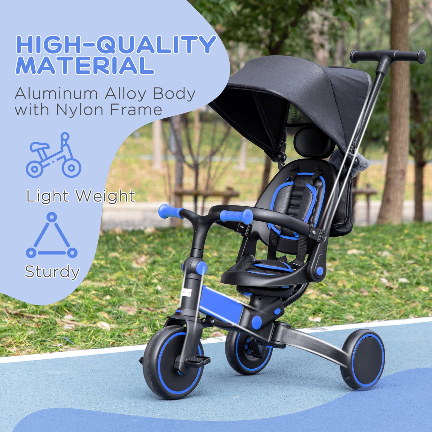 AIYAPLAY 3-in-1 Tricycle for Kids with Aluminium Frame, Baby Trike with Adjustable Push Handle, Canopy and Seat Angle for 18-48 Months, Blue