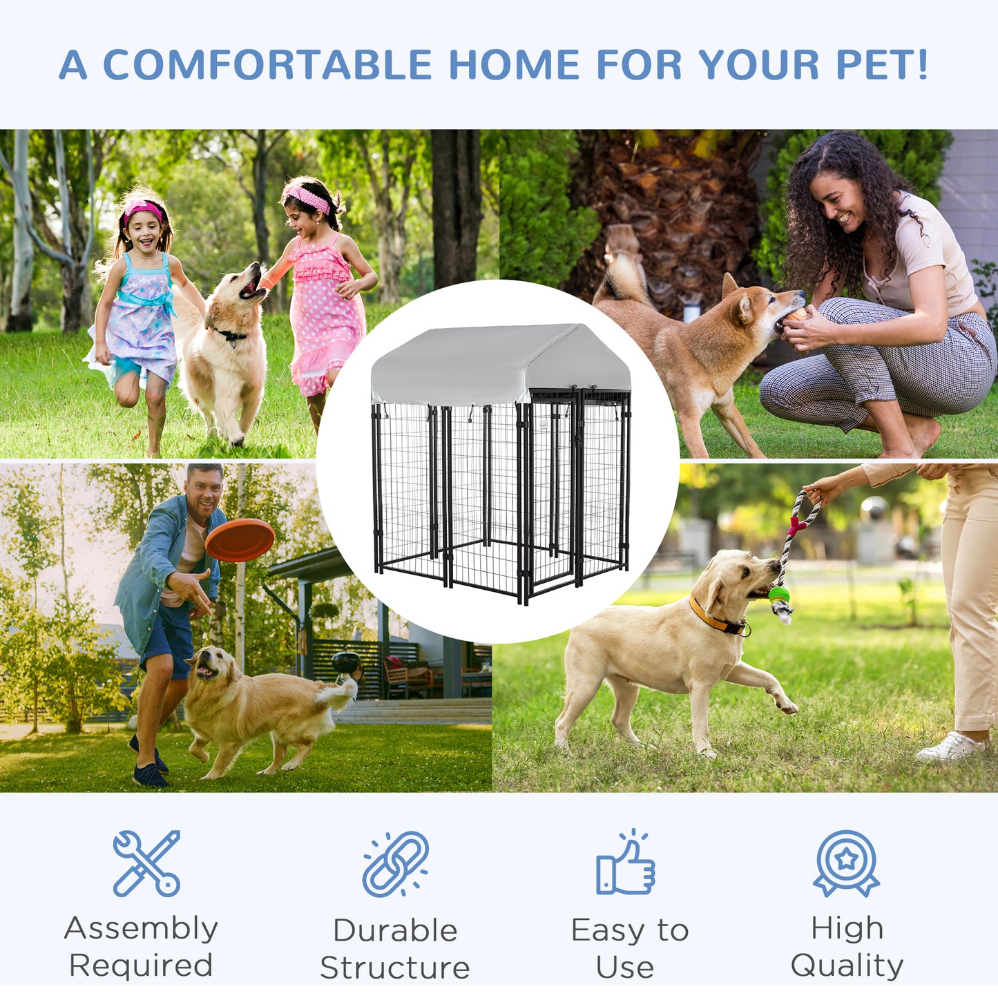 Outdoor Dog Kennel, Dog Run W/ UV-Resistant Canopy & Lockable Design, Metal Playpen Fence for Small and Medium Dogs, 120 x 120 x 138 cm