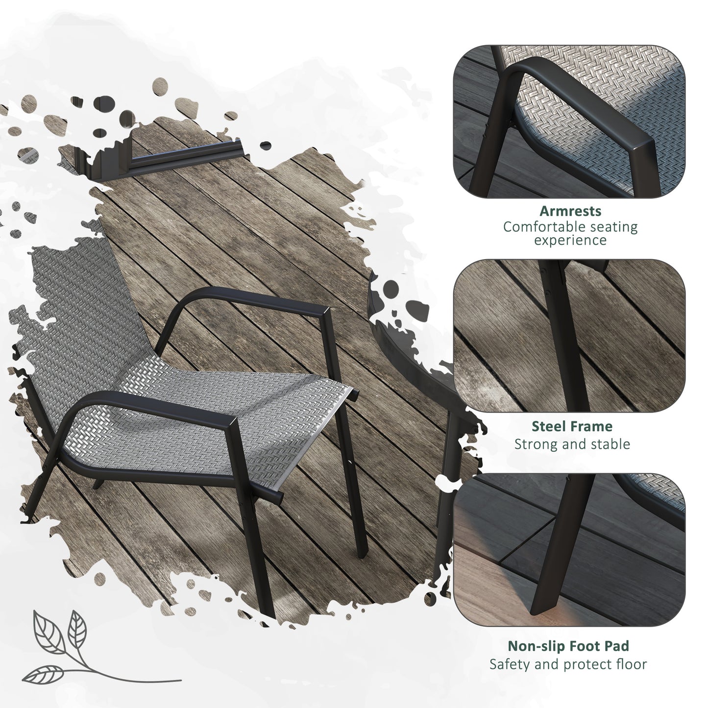 Outsunny Stackable Outdoor Rattan Chairs Set of 4 with Armrests and Backrest, Grey