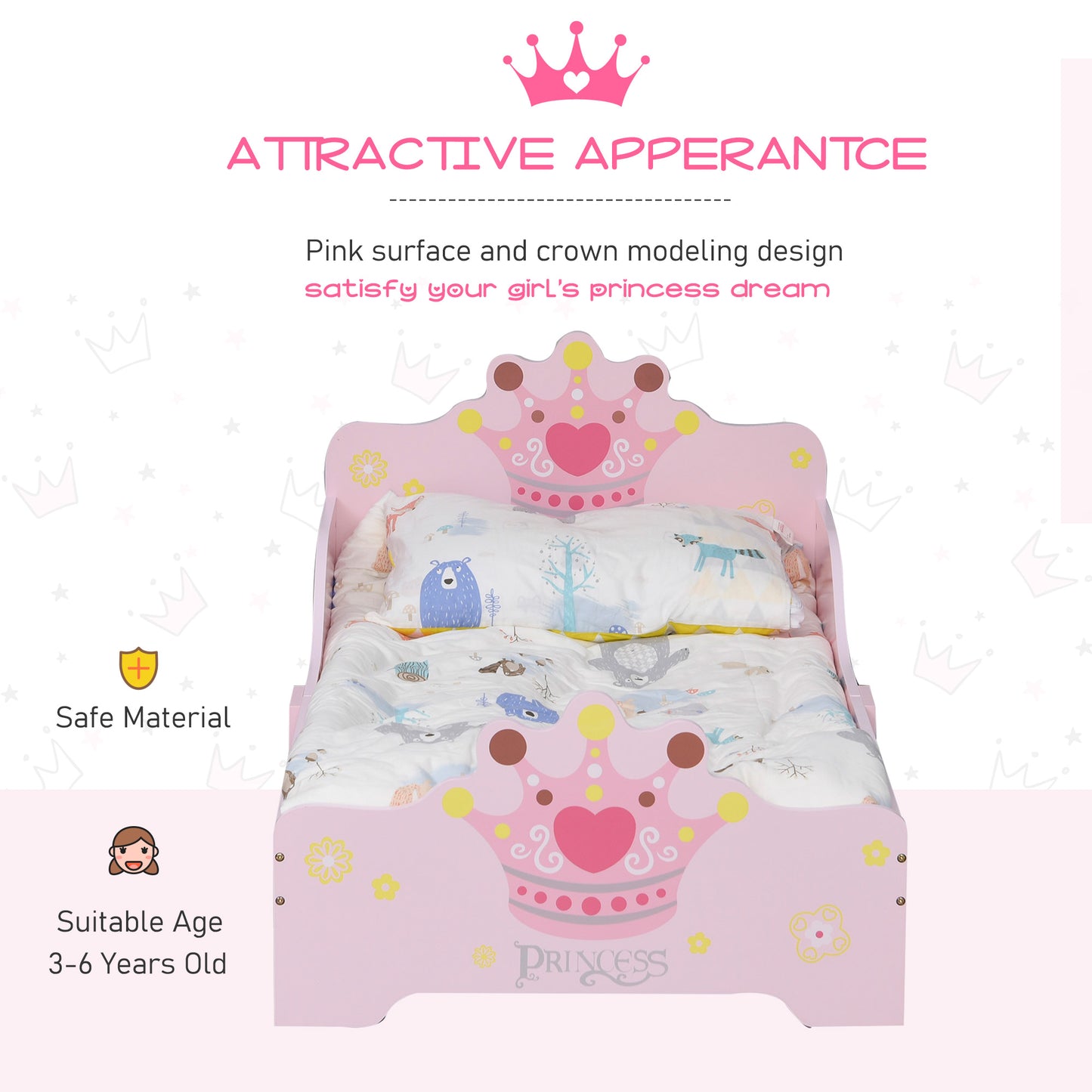 Kids Wooden Bed with Crown Modelling Safety Side Rails Easy to Clean Perfect Gift for Toddlers Girls Age 3 to 6 Years Old Pink