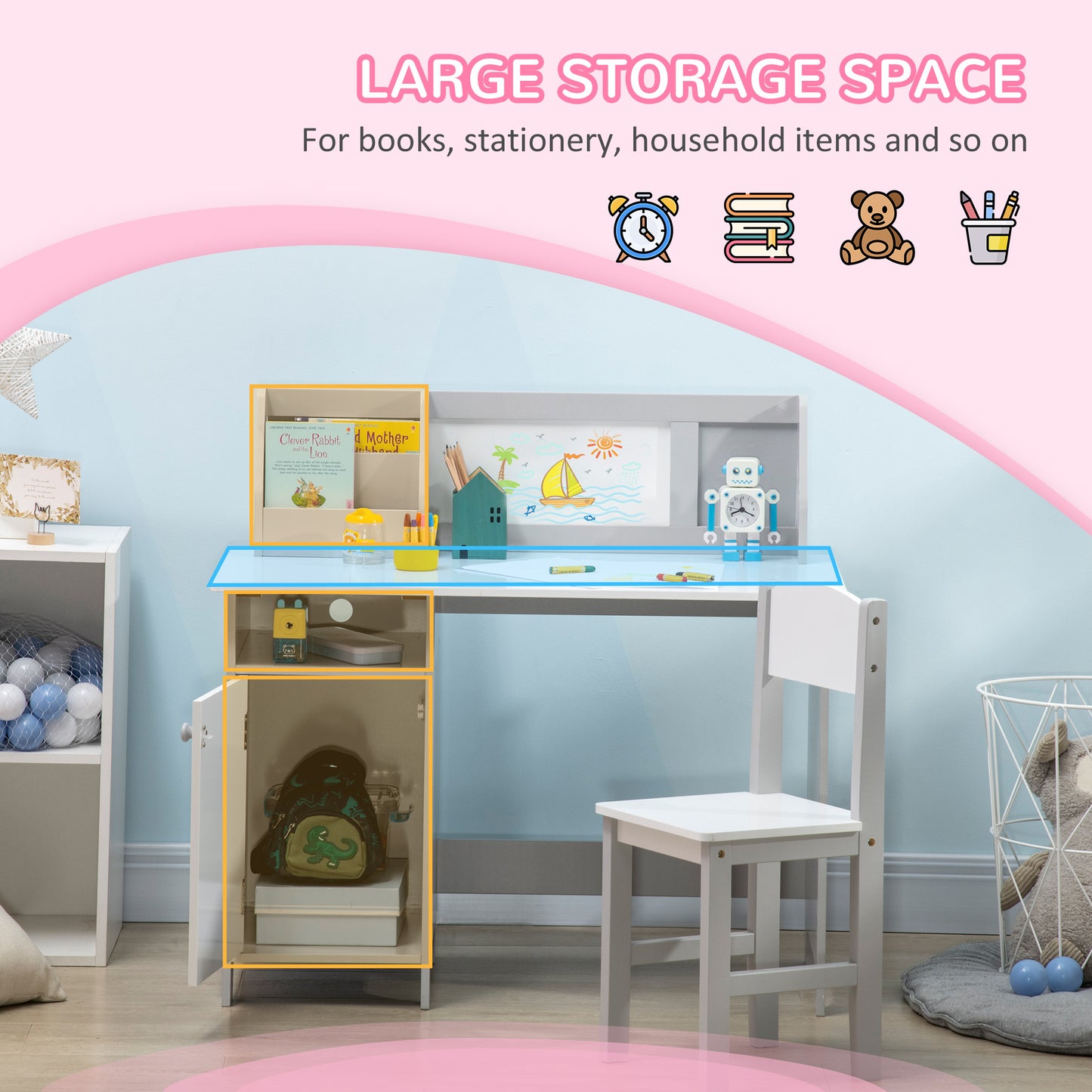 Kids Table and Chair Set w/ Whiteboard, 2 Pieces Children Table, Chair Set, Multi-usage Toddler Furniture, for Arts & Crafts Snack Time, Grey