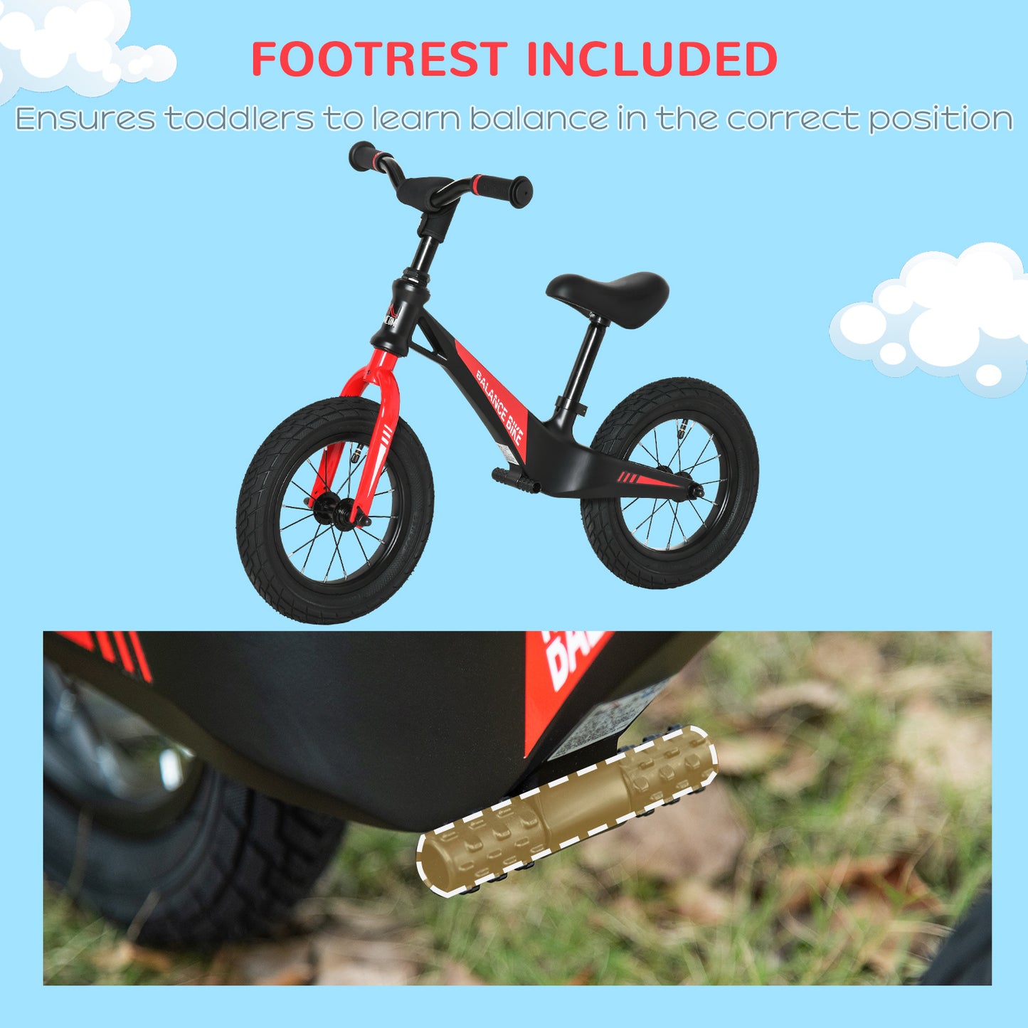 30cm Kids Balance Bike, No Pedal Training Bicycle, w/ Air Filled Tires, Adjustable Handlebar, Padded Seat, for Children Aged 3-6