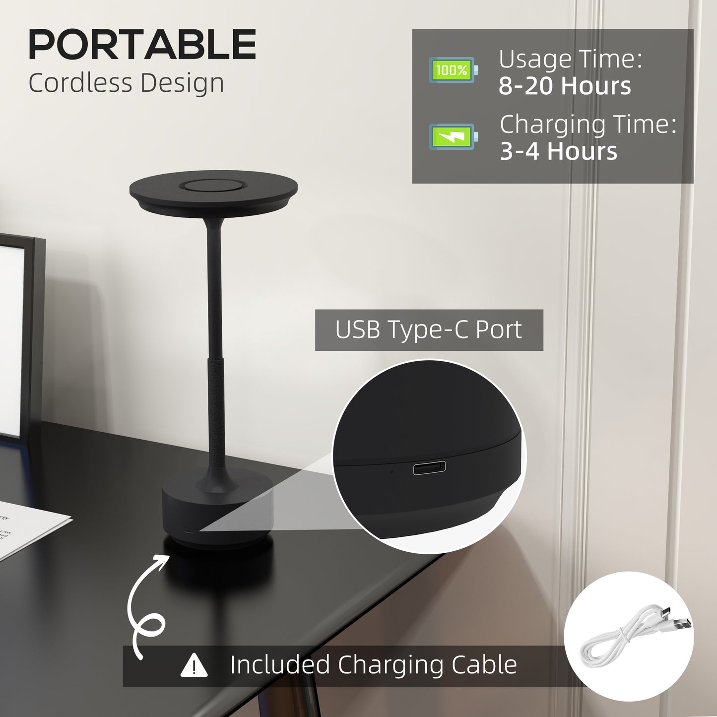 Cordless Table Lamp, Touch LED Desk Lamp with 4000mAh Rechargeable Battery, 3 Colour, for Bedroom Living Room, Black