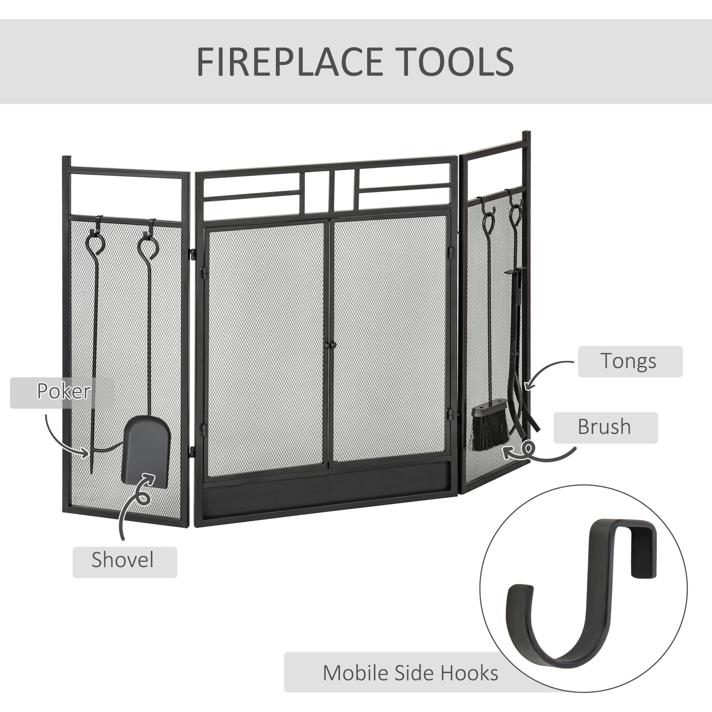 3 Panel Folding Fire Guard, Steel Fireplace Screen with Double Door and Mesh Design for Open Fire, 122W x 80H cm, Black