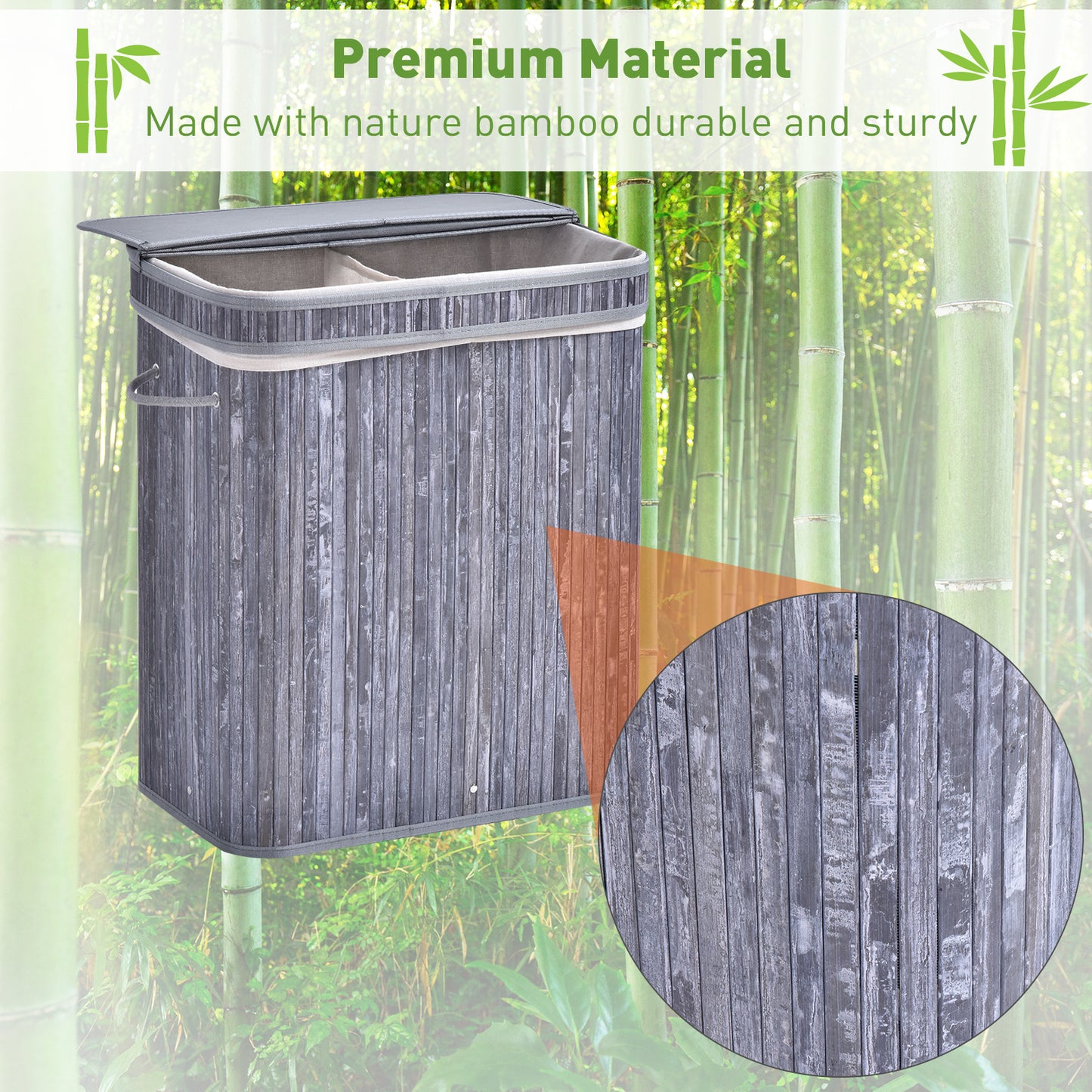 Wooden Laundry Basket w/ Split Compartment Lid Removable Lining Handles Air Holes Ventilation Durable Water-Resistant Clothes Storage Grey 100L