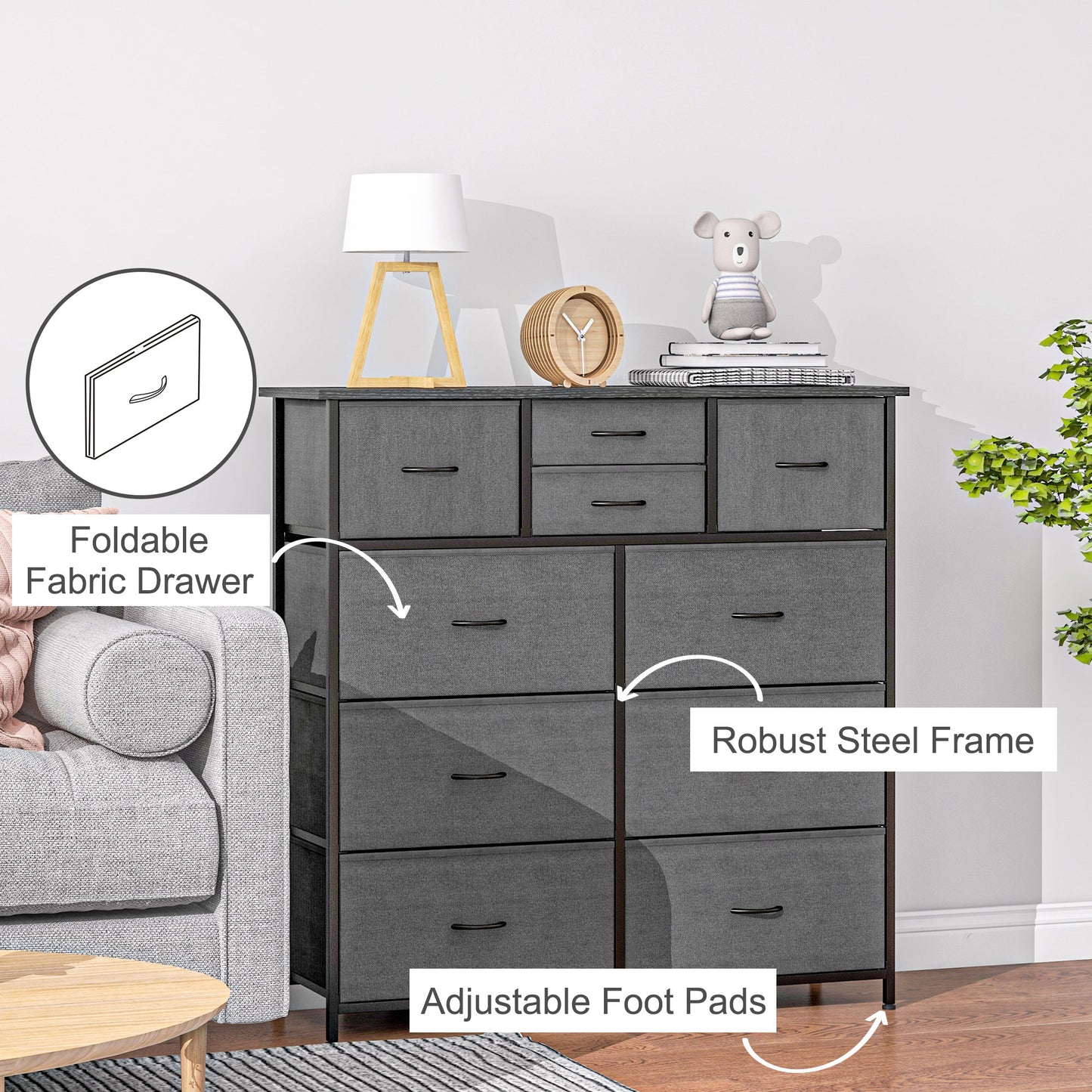 Chest of Drawers, 10 Drawer Dresser with Foldable Fabric Drawers and Steel Frame, Black