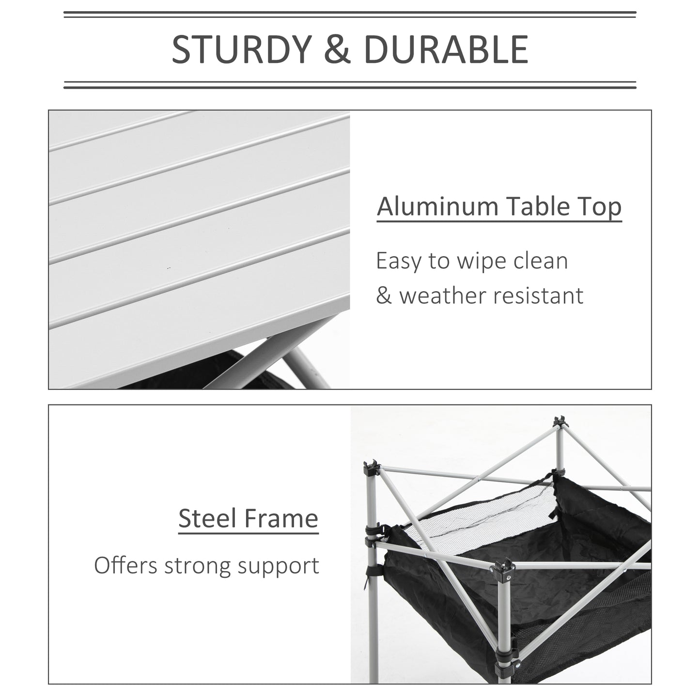 Outsunny Portable Camping Table W/ Mesh Bag Camping Outdoor Dining Foldable W/ Steel Frame Picnic Lightweight Hiking Furniture Desk, Silver Black