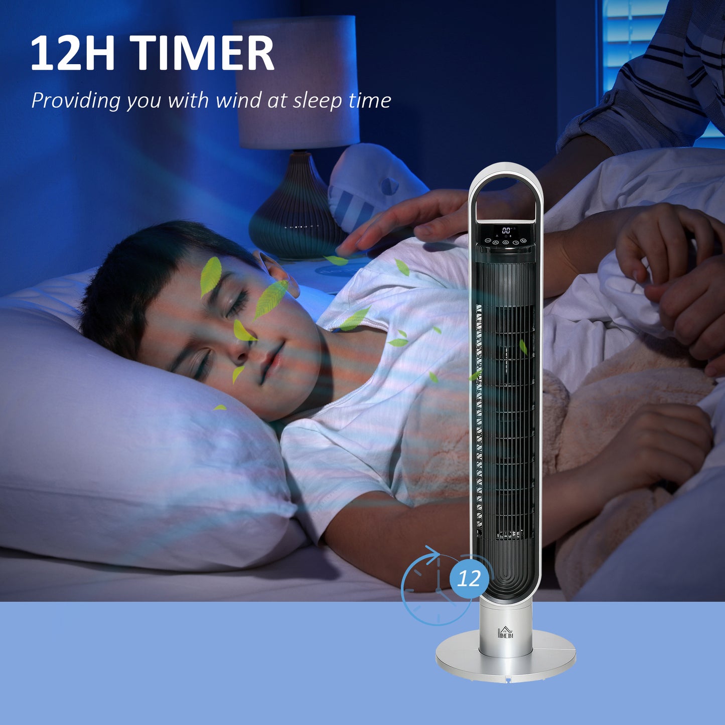 Oscillating Tower Fan for Bedroom with Anion, 3 Speed, 12h Timer, LED Sensor Panel, Remote Controller, 39", Silver