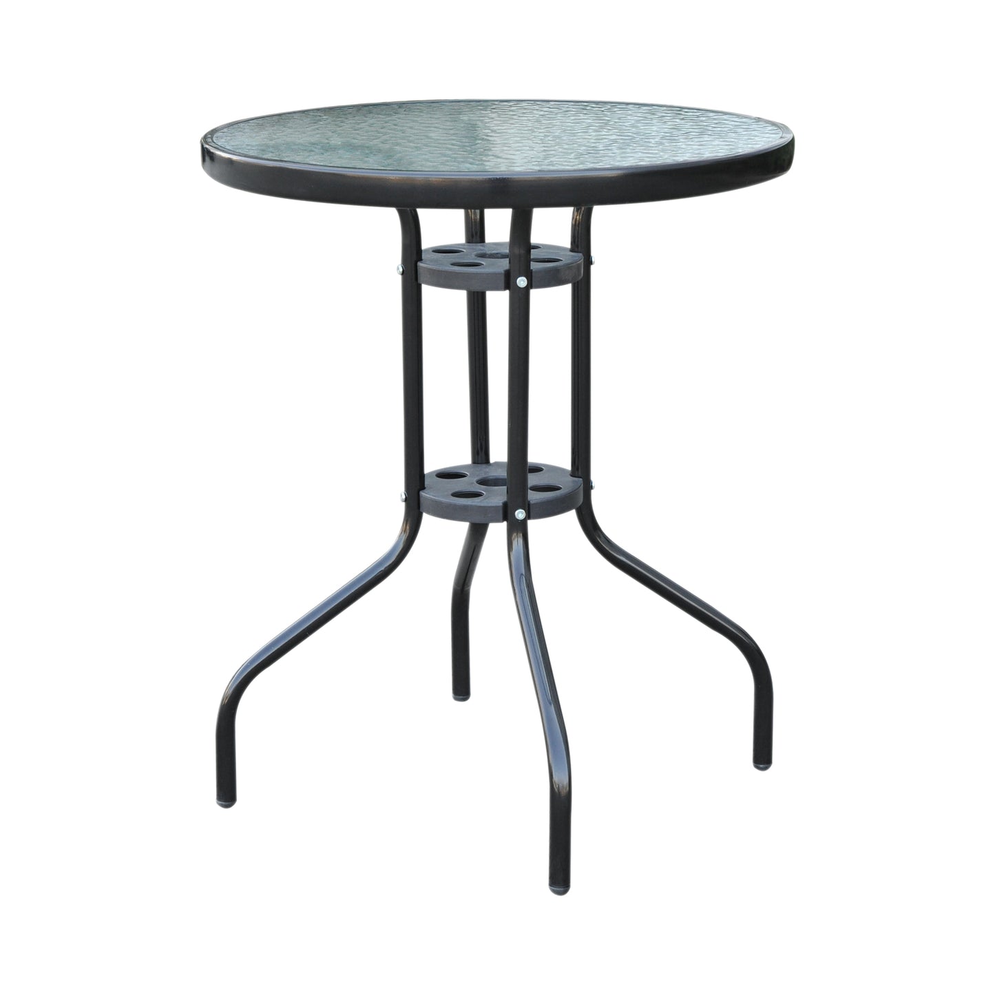 Outsunny Φ60×70H cm Round Metal Table, Garden Table Tempered Glass-Black