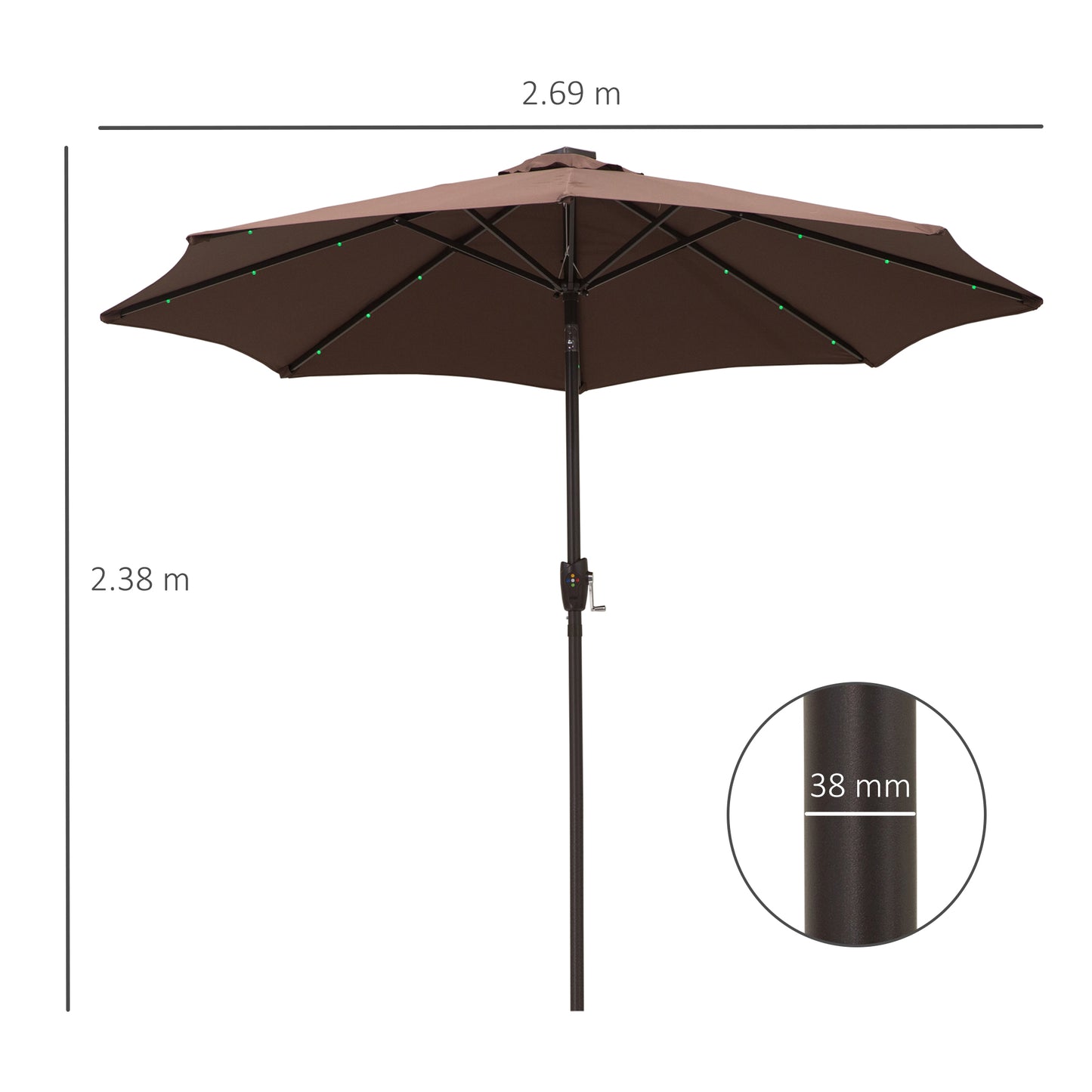 Outsunny Umbrella Parasol 24 Solar LED-Brown/Coffee