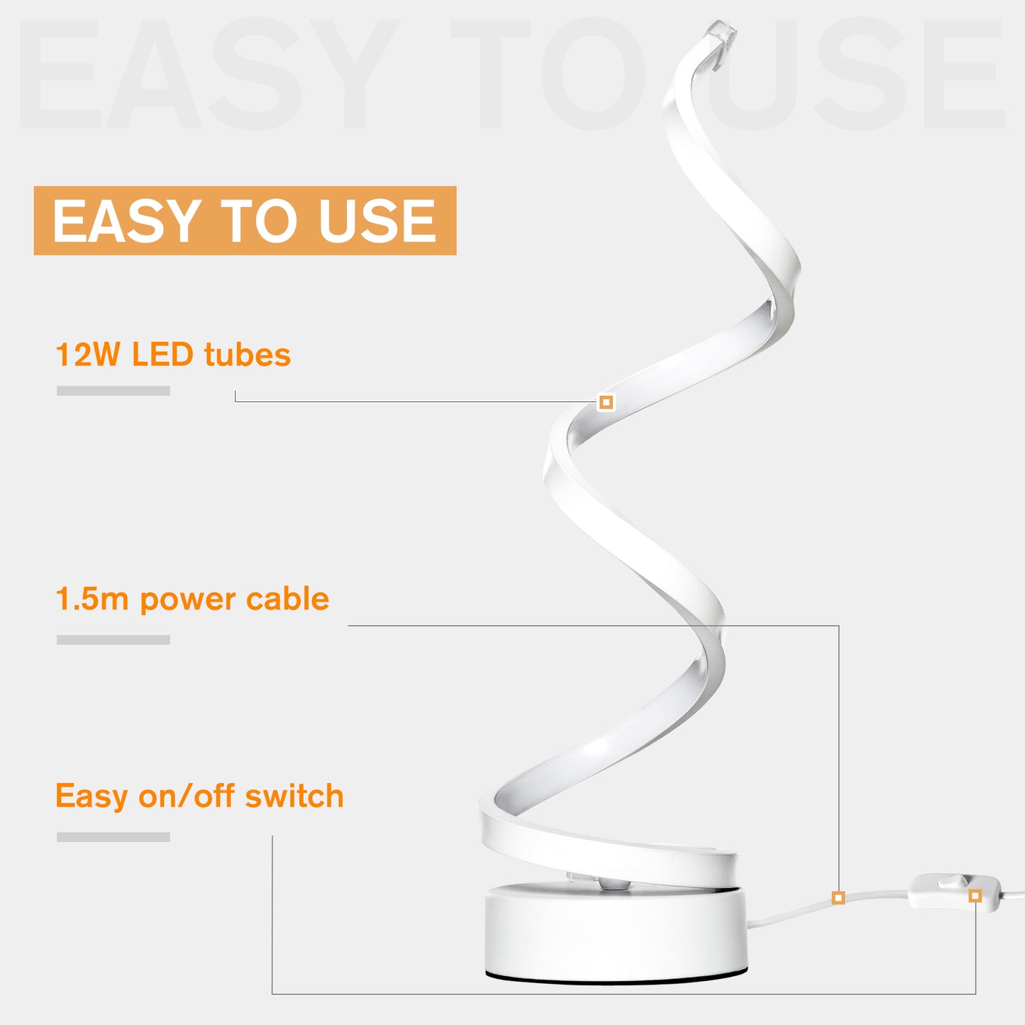 Modern Wave-Shaped LED Table Lamp with Round Metal Base for Living Room, Bedroom, Study, Dining Room, Office, Cool White 6000K, White