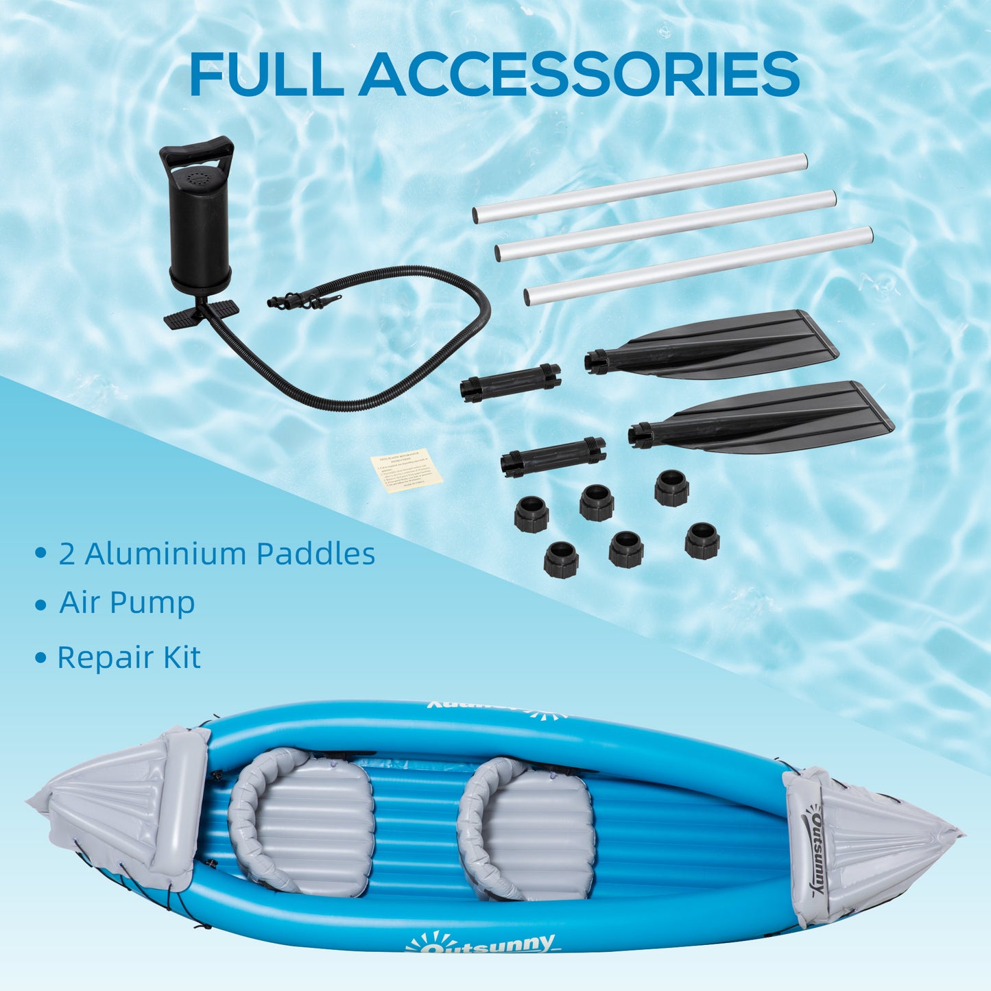 Outsunny Inflatable Kayak 2-Person Inflatable Boat Canoe Set w/ Air Pump, Aluminium Oars, Blue, 330x105x50cm