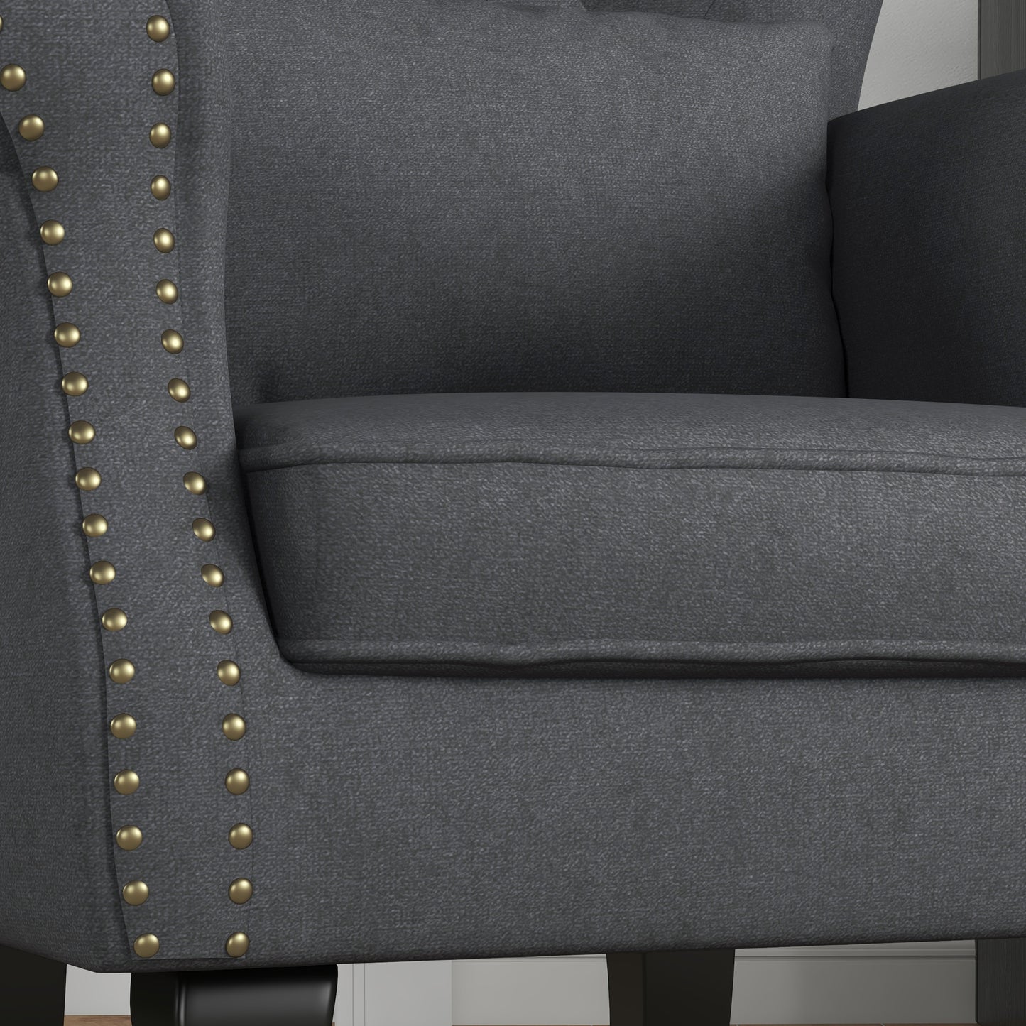 Chesterfield-style Accent Chair, Tufted Wingback Armchair with Pillow, Nailhead Trim for Living Room, Bedroom, Dark Grey