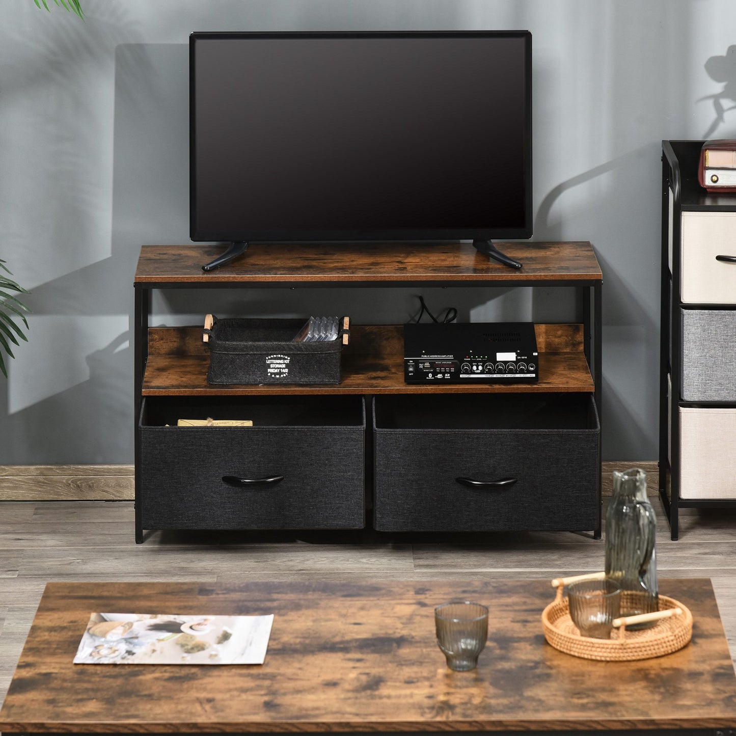 TV Cabinet Console Unit With 2 Foldable Linen Drawers, TV Stand With Shelving For Living Room, Entertainment Room, Rustic Brown