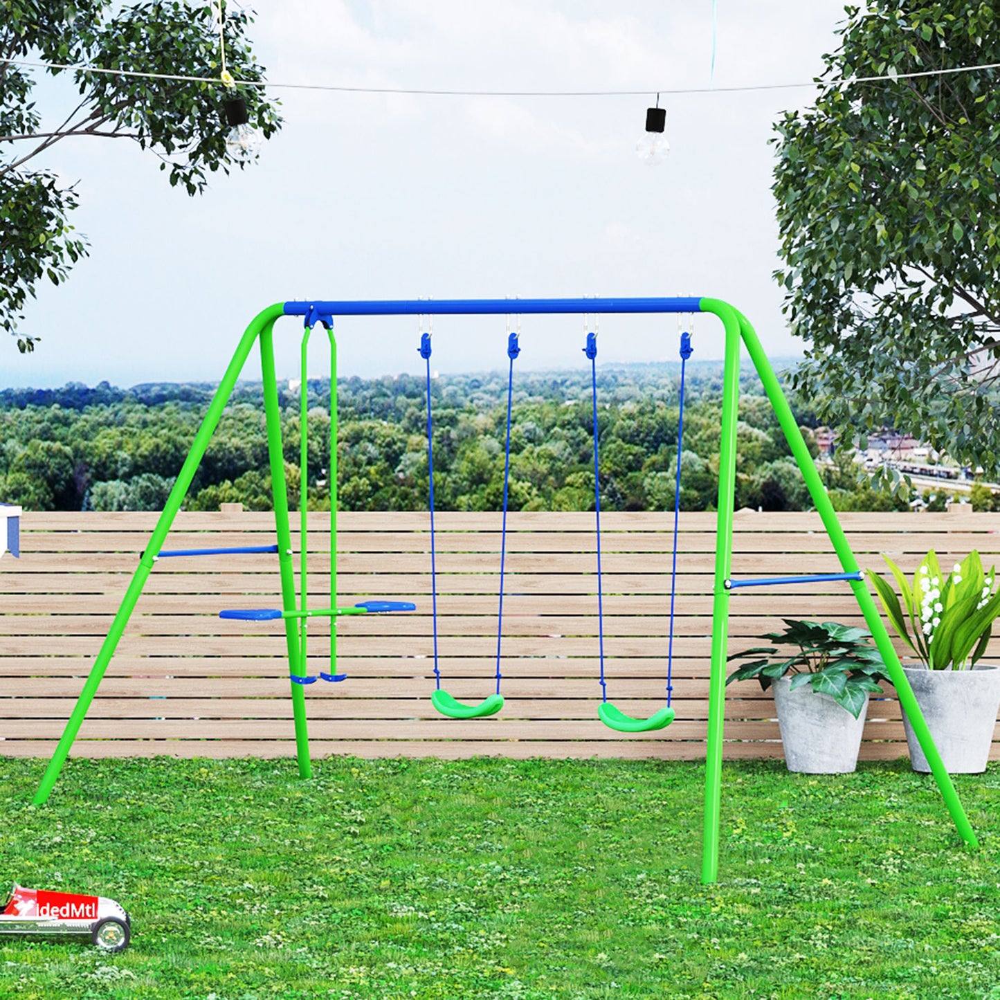 Outsunny Metal Swings & Seesaw Set Double Seats with a Height Adjustable Children Outdoor Backyard Play Set for Toddlers Over 3 Years Old, Green