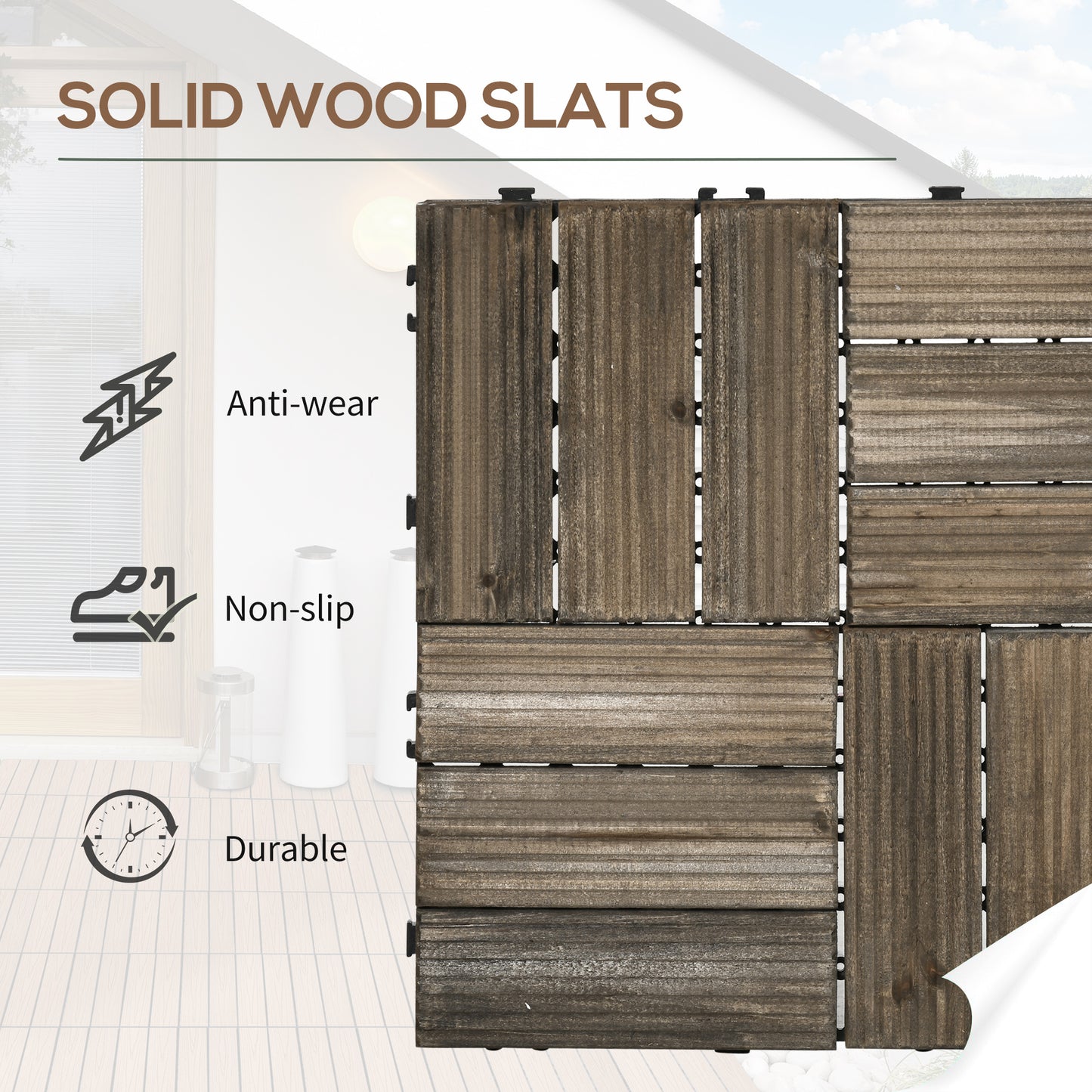Outsunny 27 Pieces Wooden Interlocking Decking Tiles, Outdoor Flooring Tiles for Patio, Balcony, Terrace, Hot Tub, 30 x 30 cm per Piece, Charcoal Grey