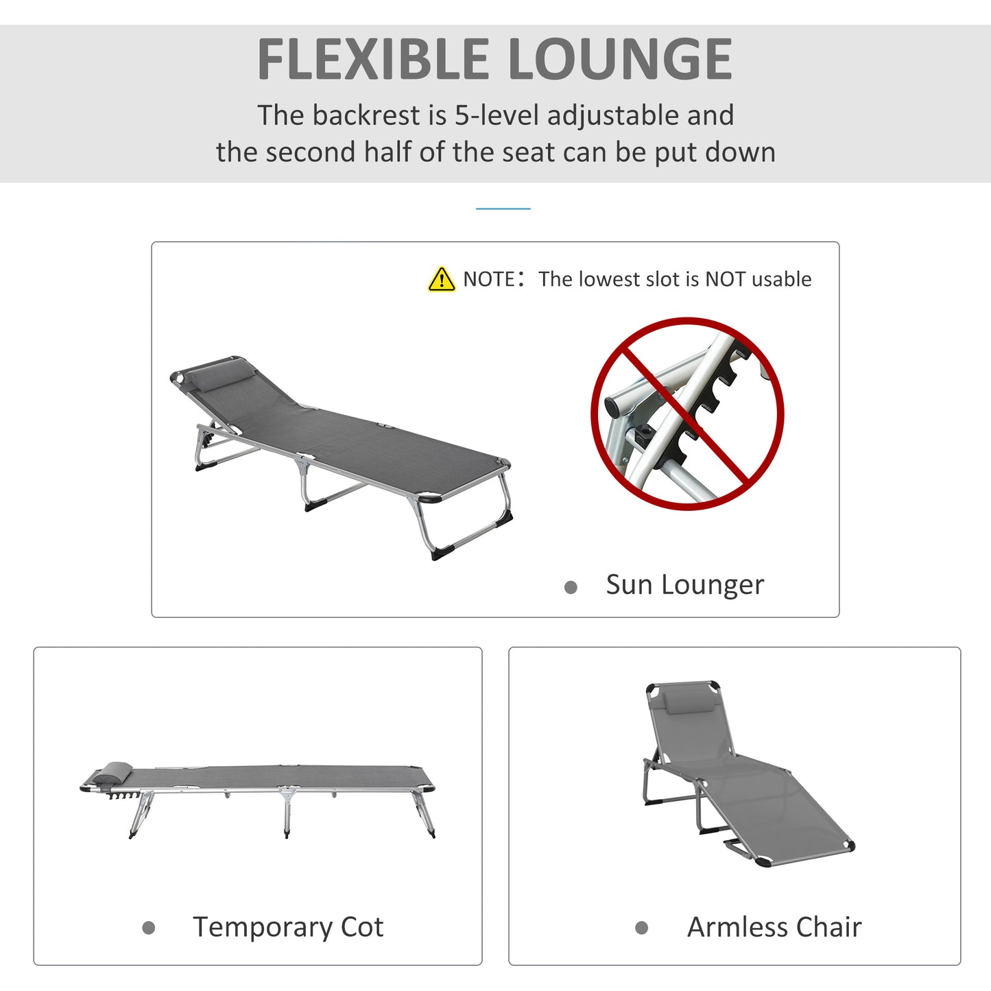Outsunny Foldable Garden Lounger Camping Bed Cot w/ Pillow 5-Level Adjustable Back Aluminium Frame, 76H x 170L x 60W Grey