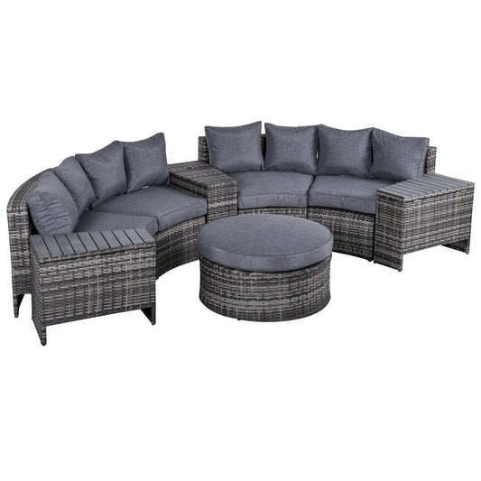 Outsunny 4-Seater Outdoor PE Rattan Wicker Sofa Set Half Round Conversation w/ 1 Umbrella Hole Side Table and 2 Storage Side Tables Grey