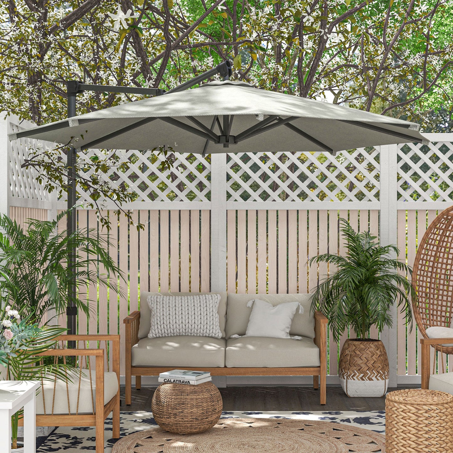 Outsunny 3 m Cantilever Banana Parasol with Cross Base, 360° Rotation Patio Umbrella with Crank Handle, Tilt, Beige