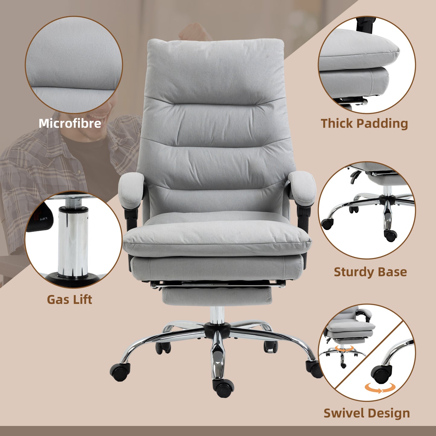 Vinsetto Vibration Massage Office Chair with Heat, Microfibre Computer Chair with Footrest, Armrest, Reclining Back, Double-tier Padding, Grey