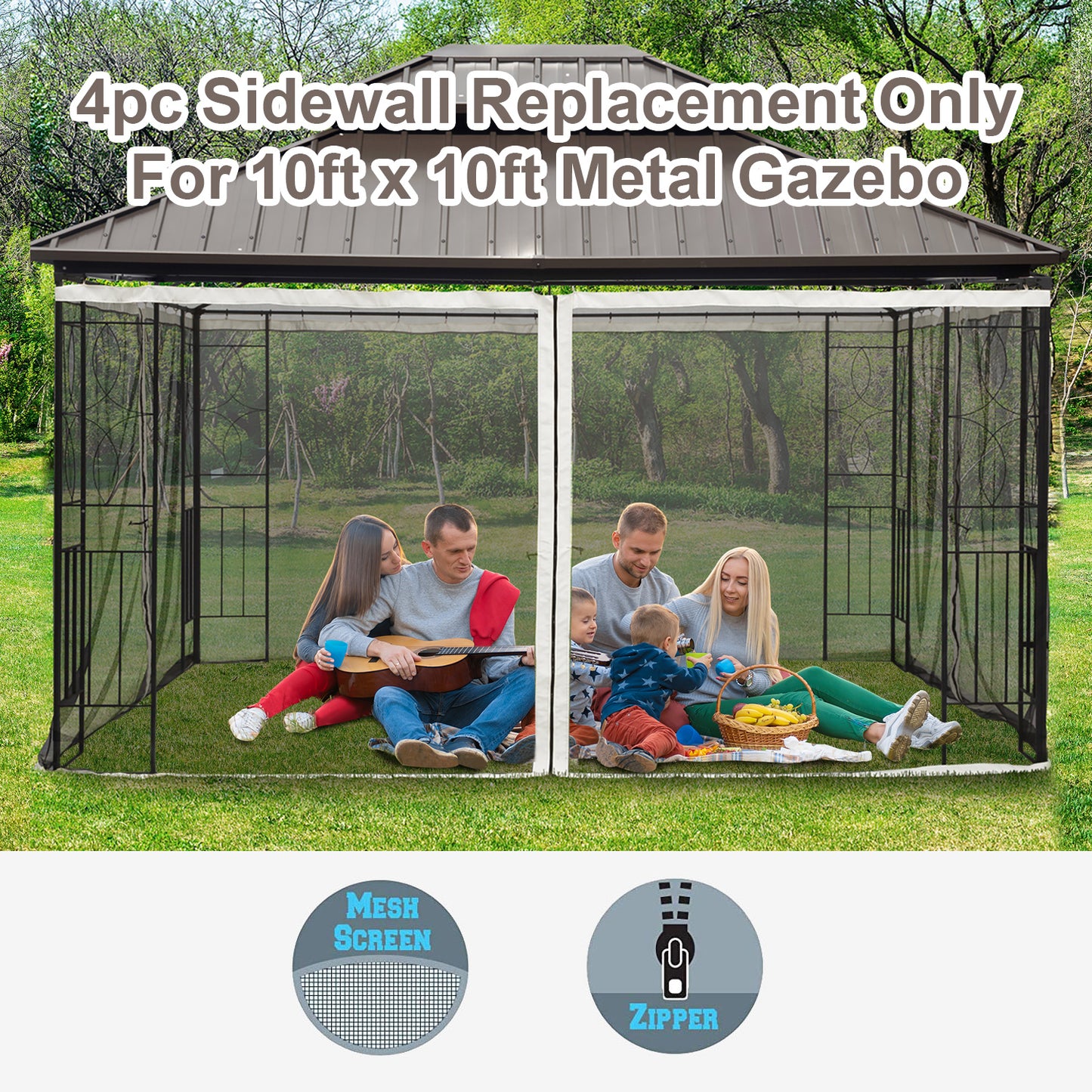 Outsunny Replacement Mesh Mosquito Netting Screen Walls for 10 x 10ft Patio Gazebo, 4-panel Sidewalls with Zippers (Wall Only, Canopy Not Included)