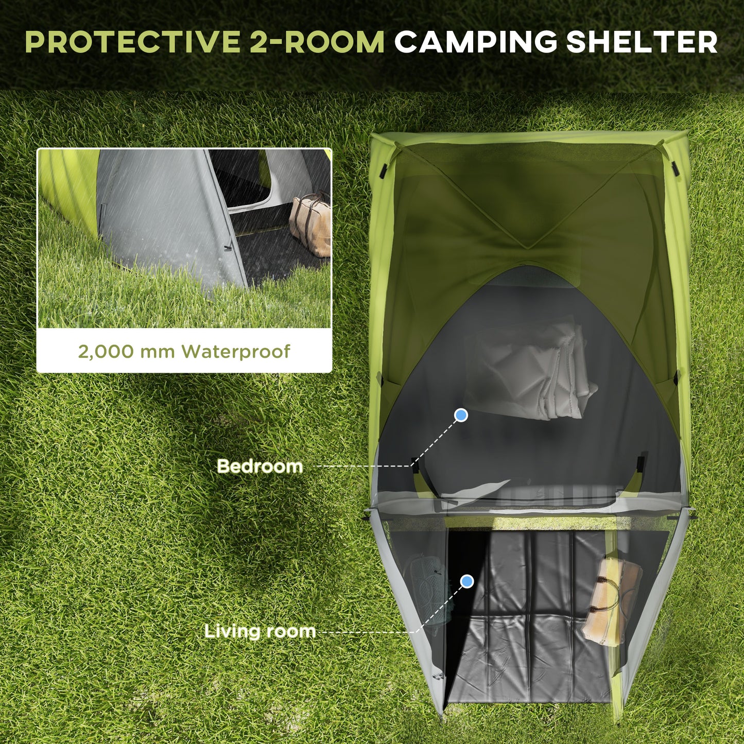 Outsunny 2-3 Man Camping Tent with 2 Rooms, 2000mm Waterproof Family Tent, Portable with Bag for Fishing Hiking Festival, Yellow